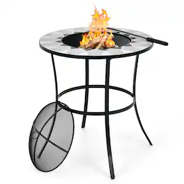 Mondawe - 23.5 Inches Round Fire Pit Table with Mesh Cover and Fire Poker - Black