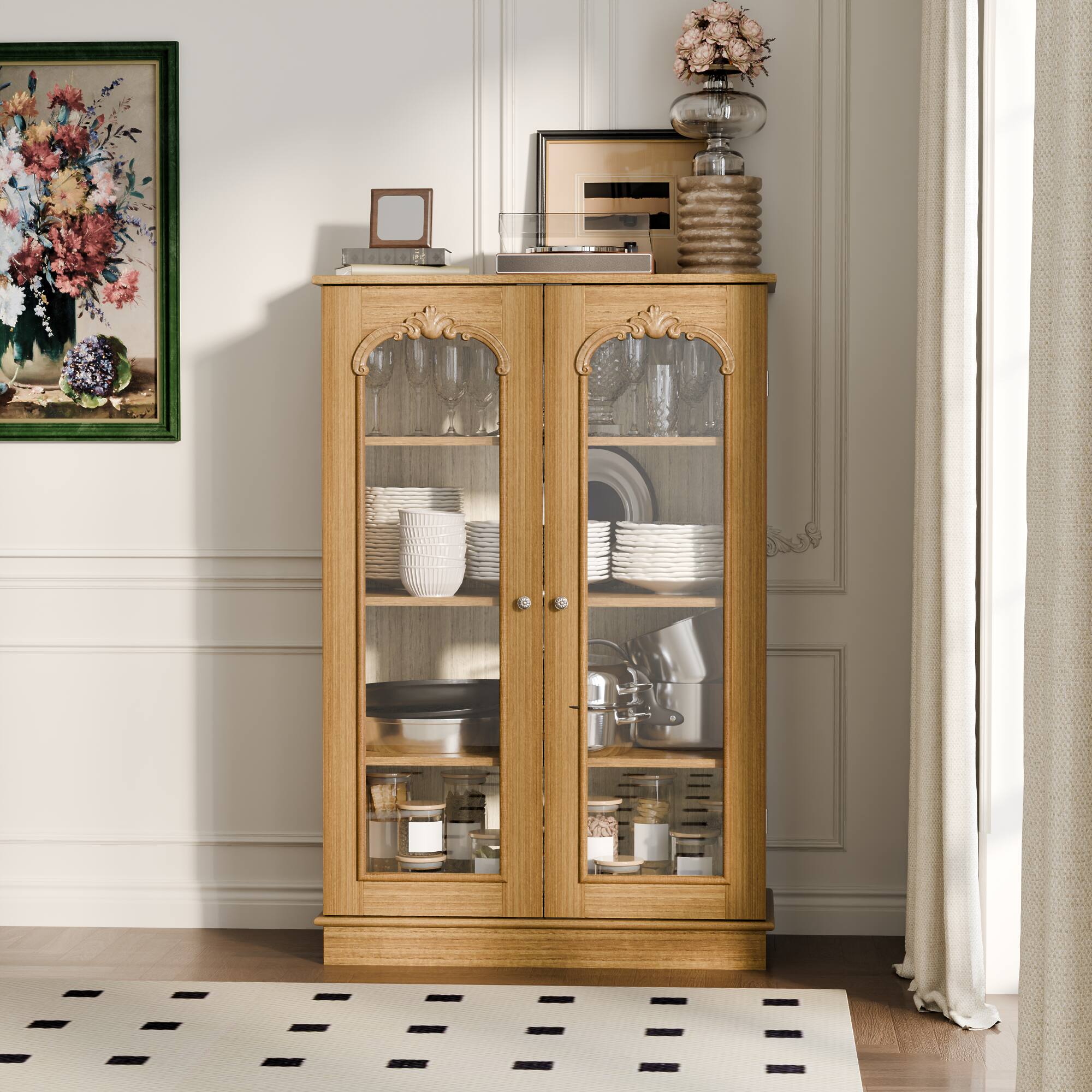 Alt View 5. Famapy - Famapy French Country Glass Display Cabinet: Rustic - Chic Dishware Storage + Showcase - Wooden.