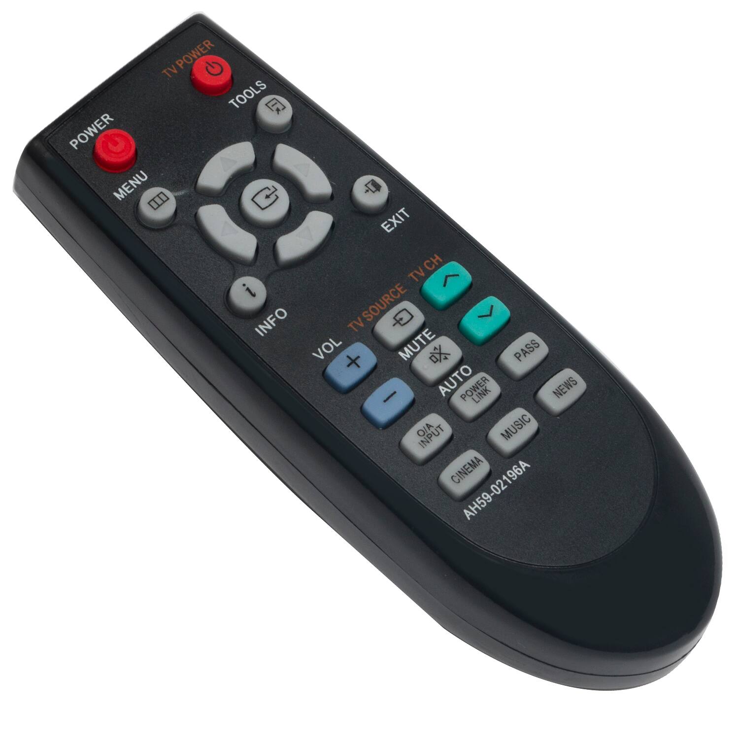 POWER  
TV POWER  
TOOLS  
MENU  
EXIT  
TVGH  
TVSOURCE  
INFO  
VOL +  
MUTE  
AUTO LINK  
PASS  
NEWS  
AIO  
INPUT  
MUSIC  
CINEMA  
OA INPUT  
POWER  
AUTO  
POWER LINK  
AH59-02196A