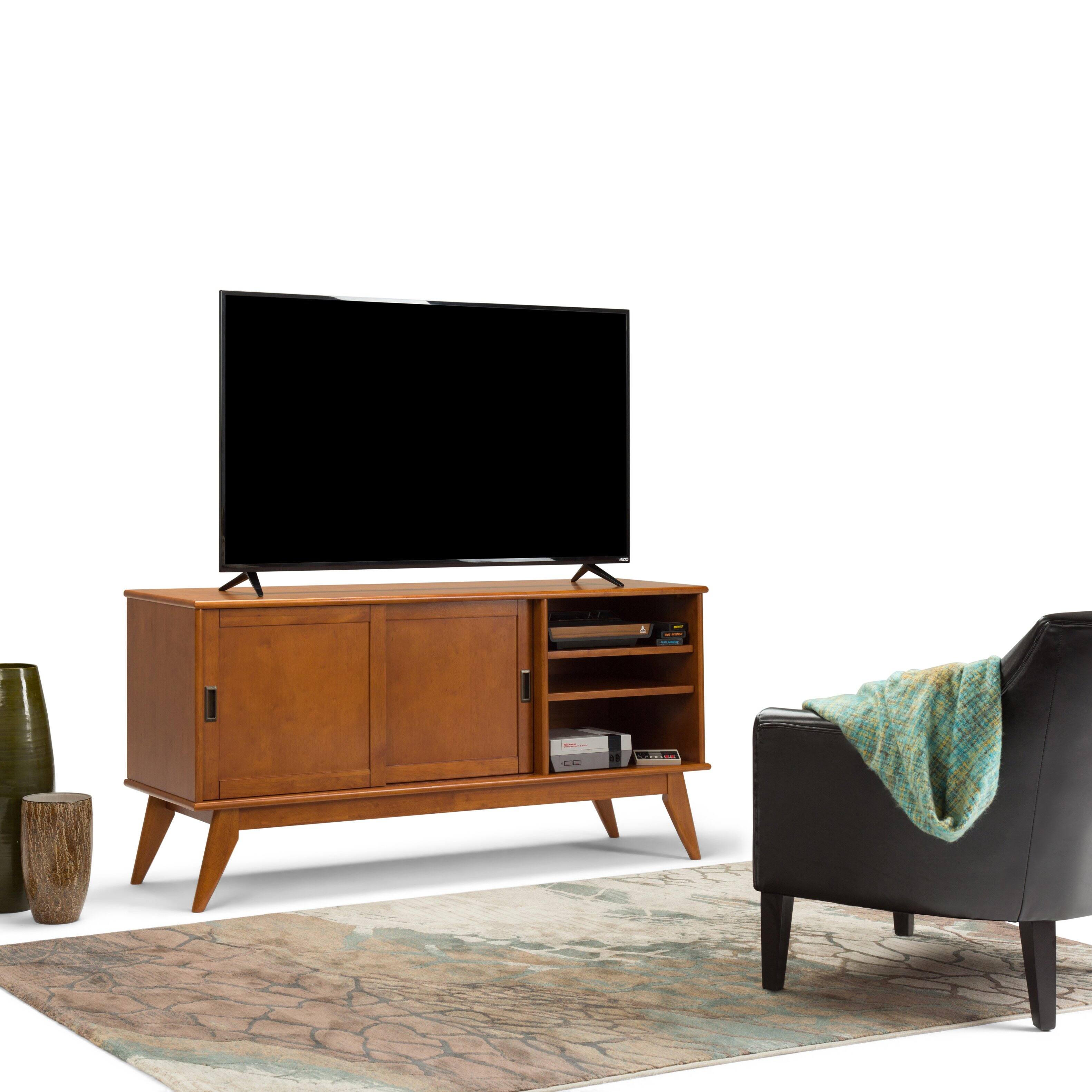 Angle. Simpli Home - Draper SOLID HARDWOOD Mid Century Medium TV Media Stand in Teak Brown For TVs up to 65 inches - Teak Brown.