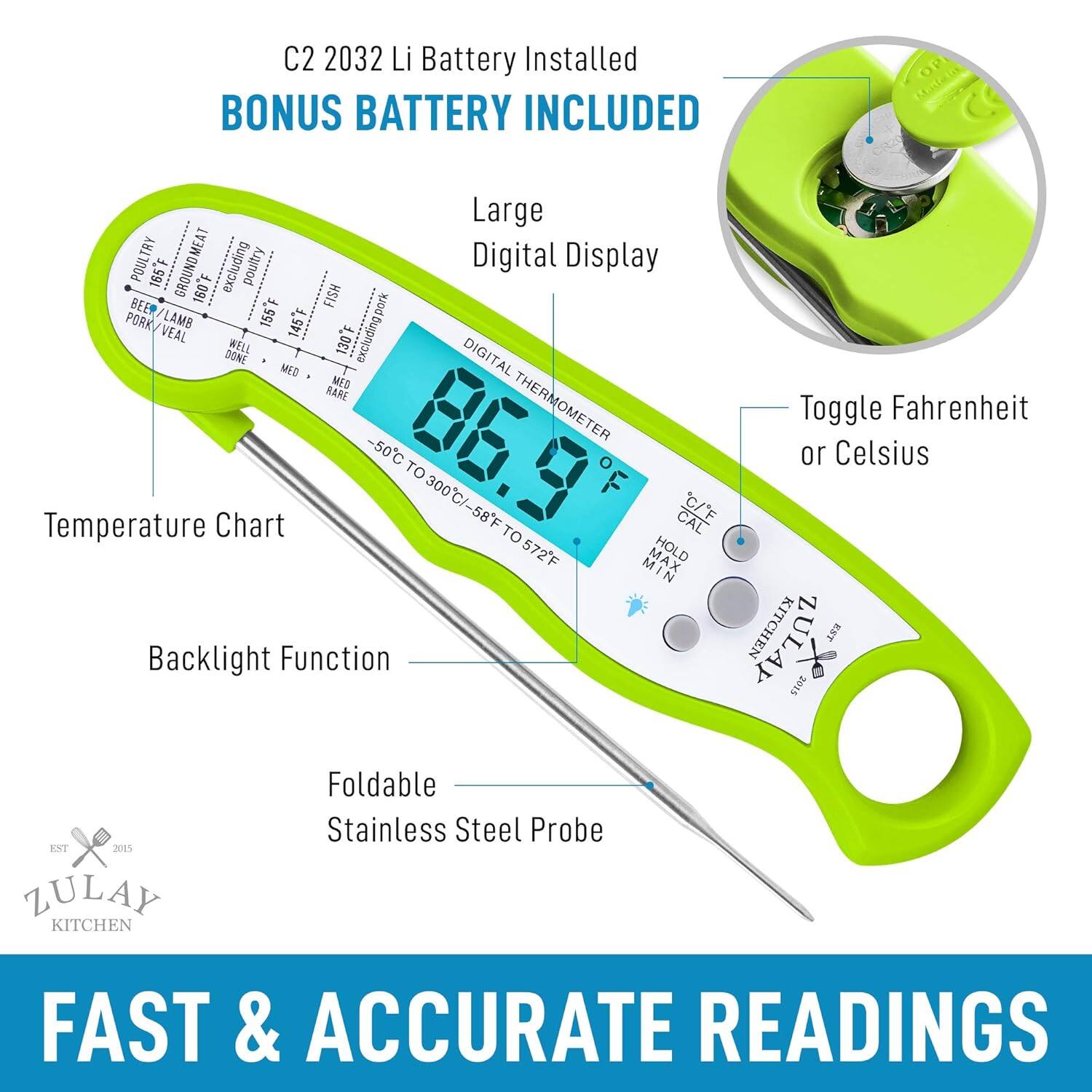 C2 2032 Li Battery Installed  
BONUS BATTERY INCLUDED  

Large Digital Display  

Temperature Chart  
- Poultry: 165°F  
- Ground Meat (excluding poultry): 160°F  
- Fish: 155°F  
- Pork: 145°F (excluding pork)  
- Lamb: 130°F  
- Veal: Well Done  
- Beef: Medium  
- Rabbit: Rare  

Toggle Fahrenheit or Celsius  

Backlight Function  

Foldable Stainless Steel Probe  

FAST & ACCURATE READINGS  

EST 2015  
ZULAY KITCHEN