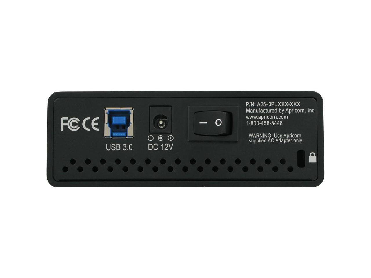 FC CE USB 3.0 + DC 12V  
P/N: A25-3PLXXX-XXX  
Manufactured by Apricorn, Inc  
www.apricorn.com  
1-800-458-5448  
WARNING: Use Apricorn supplied AC Adapter only