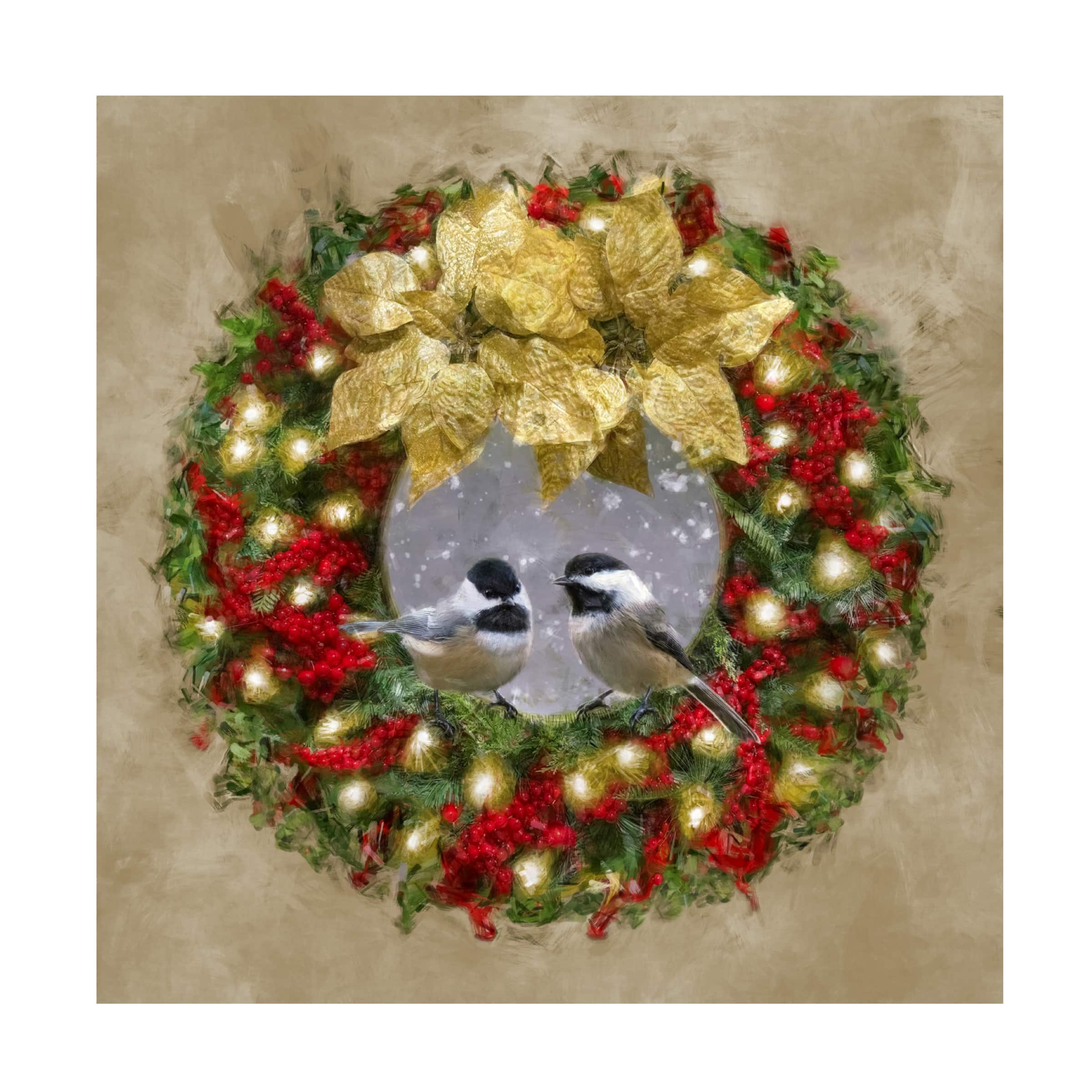 Trademark Fine Art - Emma Eve Cunningham Chickadees In A Christmas Wreath Canvas Art - 35x35 - Multicolor