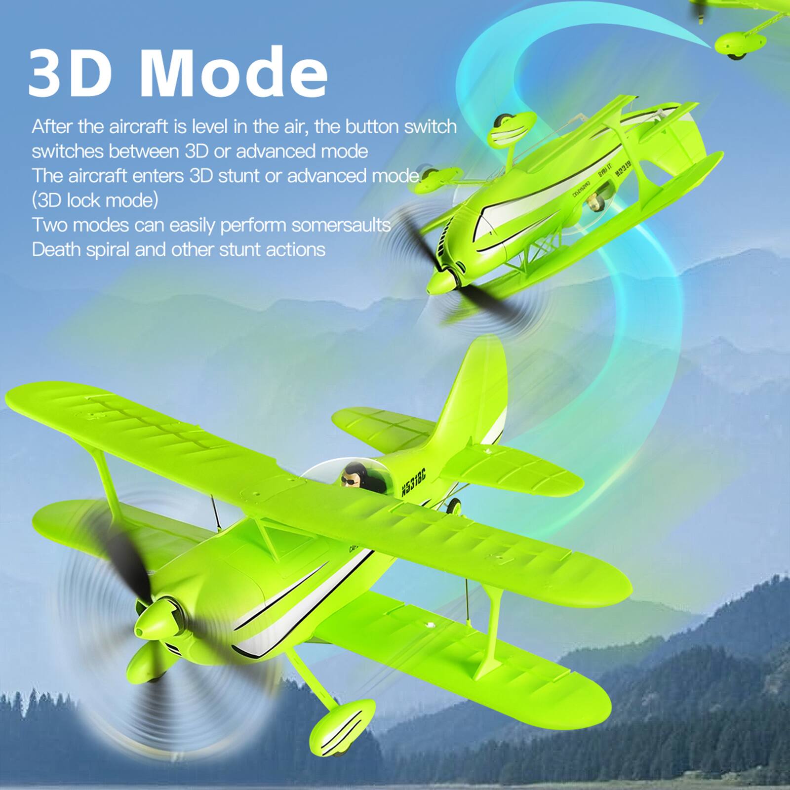 3D Mode  
After the aircraft is level in the air, the button switch switches between 3D or advanced mode. The aircraft enters 3D stunt or advanced mode (3D lock mode). Two modes can easily perform somersaults, Death spiral and other stunt actions.  

33 FBALL 328  
N531BC