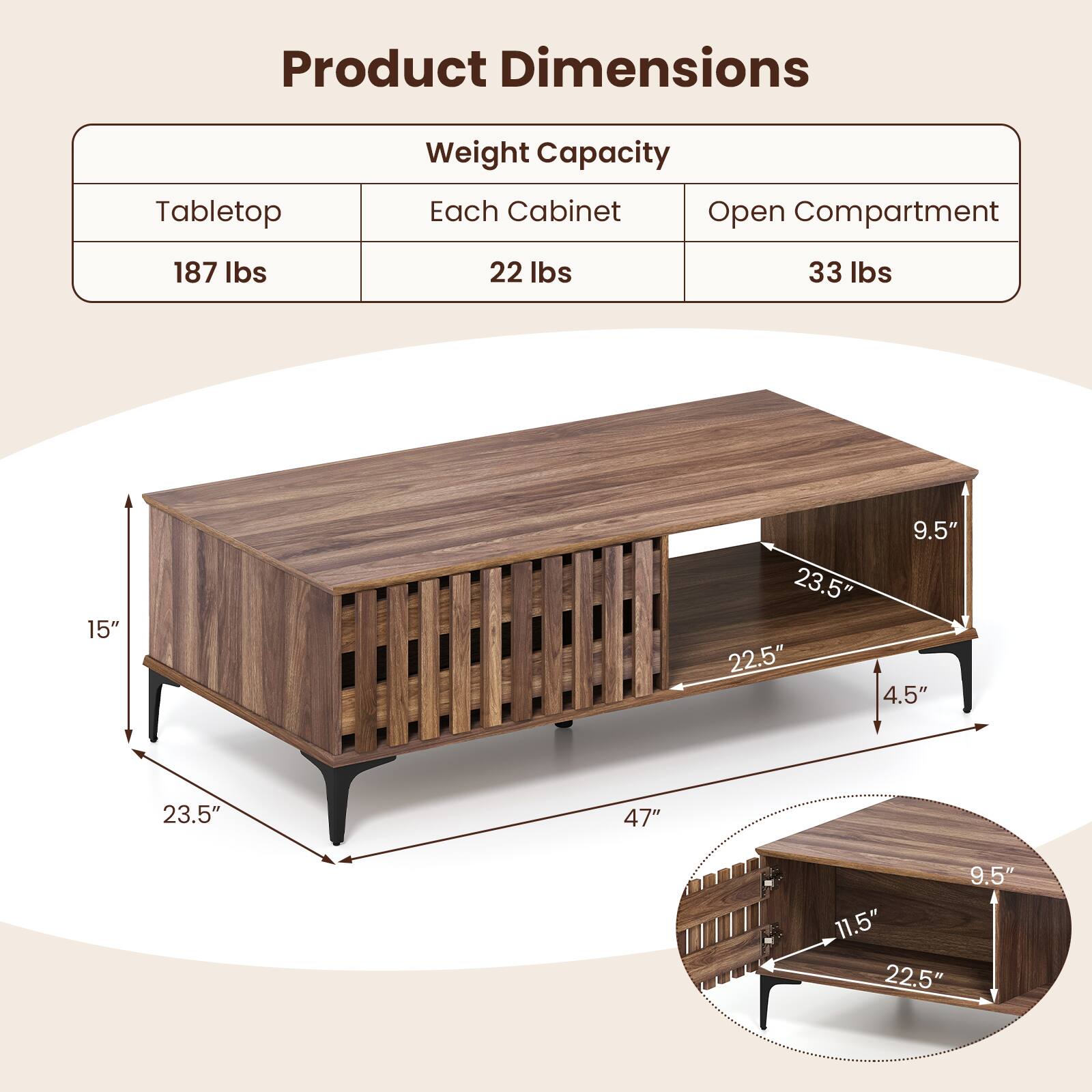 Product Dimensions

Weight Capacity

- Tabletop: 187 lbs
- Each Cabinet: 22 lbs
- Open Compartment: 33 lbs

Dimensions

- Tabletop: 47" x 23.5" x 4.5"
- Cabinet: 22.5" x 11.5" x 9.5"
