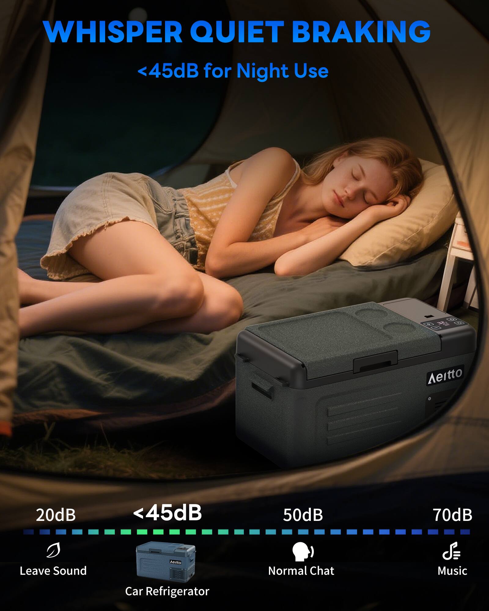 WHISPER QUIET BRAKING  
<45dB for Night Use  

20dB  
<45dB  
50dB  
70dB  

Leave Sound  
Car Refrigerator  
Normal Chat  
Music