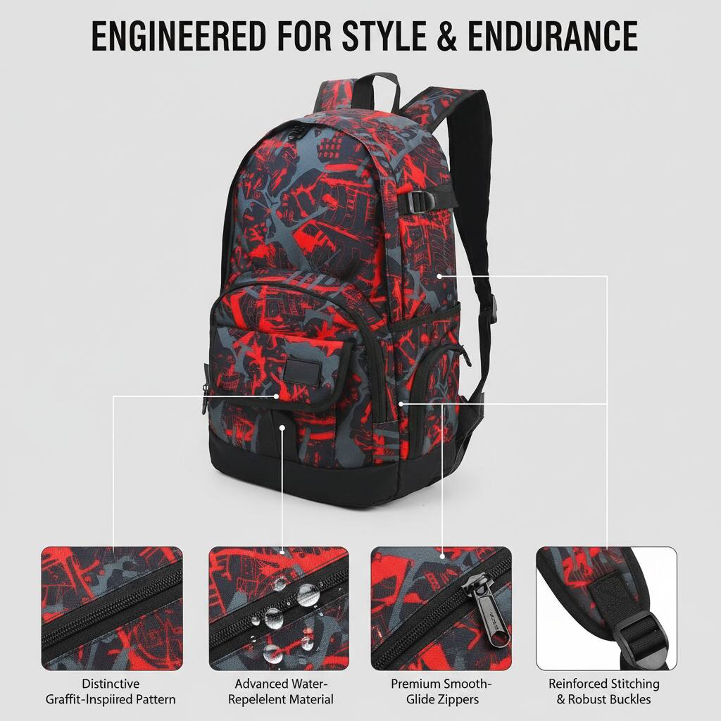 ENGINEERED FOR STYLE & ENDURANCE

- Distinctive Graffiti-Inspired Pattern
- Advanced Water-Repellent Material
- Premium Smooth-Glide Zippers
- Reinforced Stitching & Robust Buckles