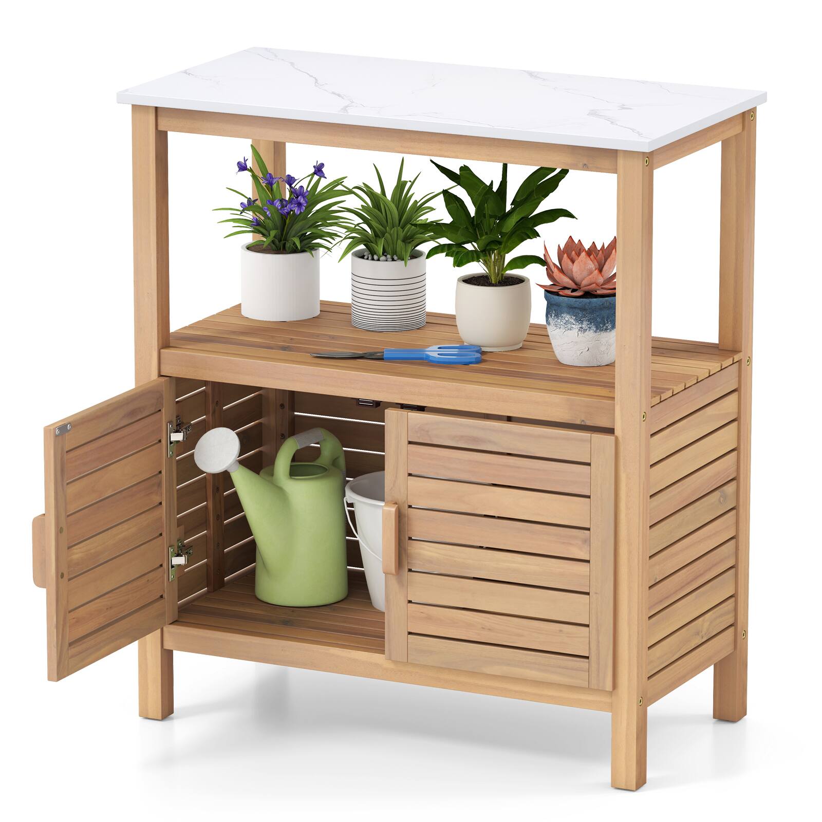 Alt View 9. Gymax - Gymax Outdoor Potting Bench w/ Resin Tabletop Storage Shelf & Cabinet Louvered Doors - Natural.