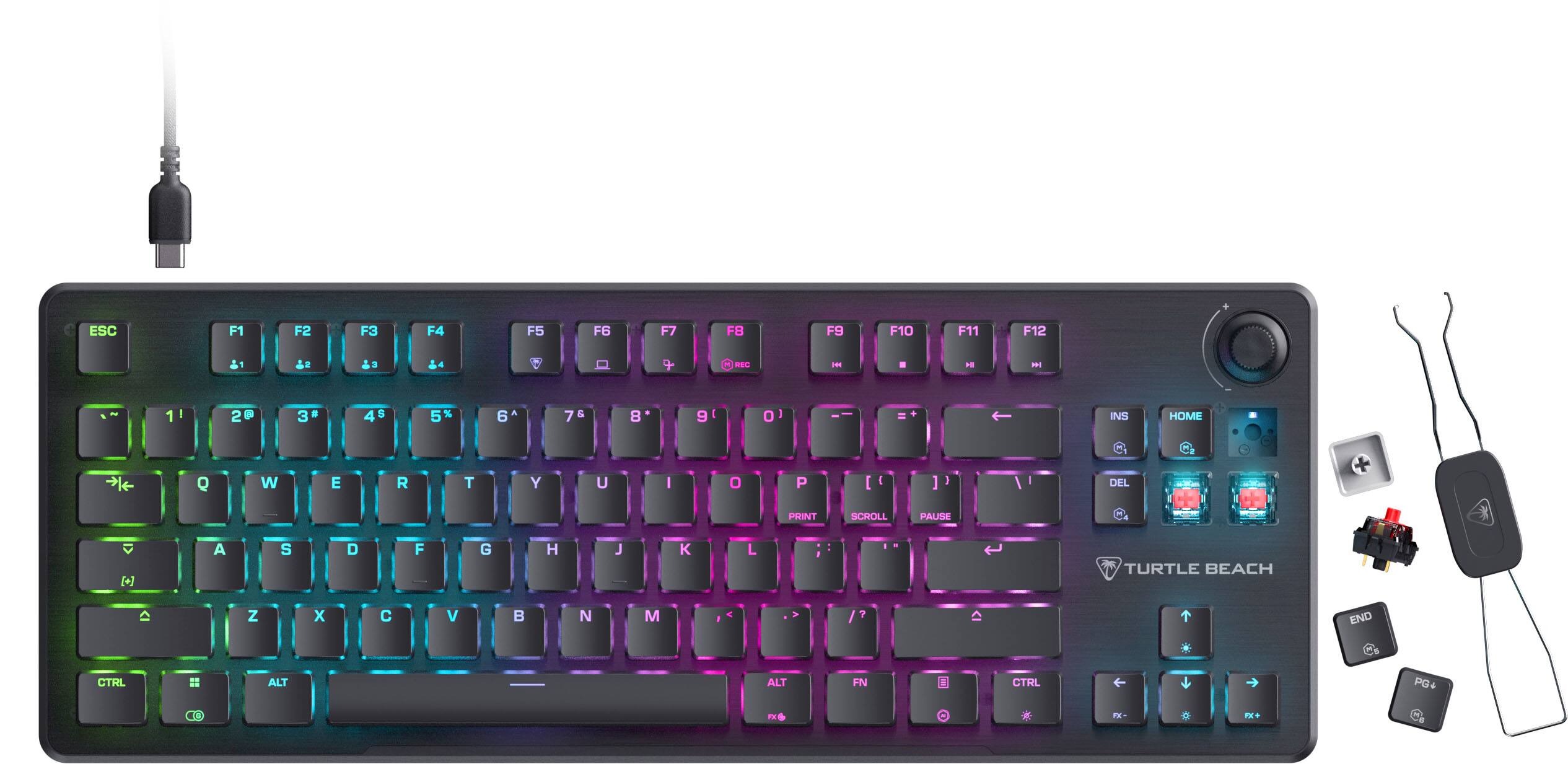 Sure, here is the corrected and grouped text from the image:

**Top Row:**
- ESC F1 F2 F3 F4 F5 F6 F7 F8 F9 F10 F11 F12

**Number Row:**
- 1 2 3 4 5 6 7 8 9 0 - + = INS HOME

**Main Keyboard:**
- Q W E R T Y U I O P [ ] DEL
- A S D F G H J K L ; '
- Z X C V B N M , . / TURTLE BEACH

**Right Side:**
- PRINT SCROLL PAUSE
- END CTRL ALT ALT FN B CTRL PG+ F : - .

**Additional Keys:**
- FN
- CTRL
- ALT
- ALT
- FN
- CTRL
- PG+