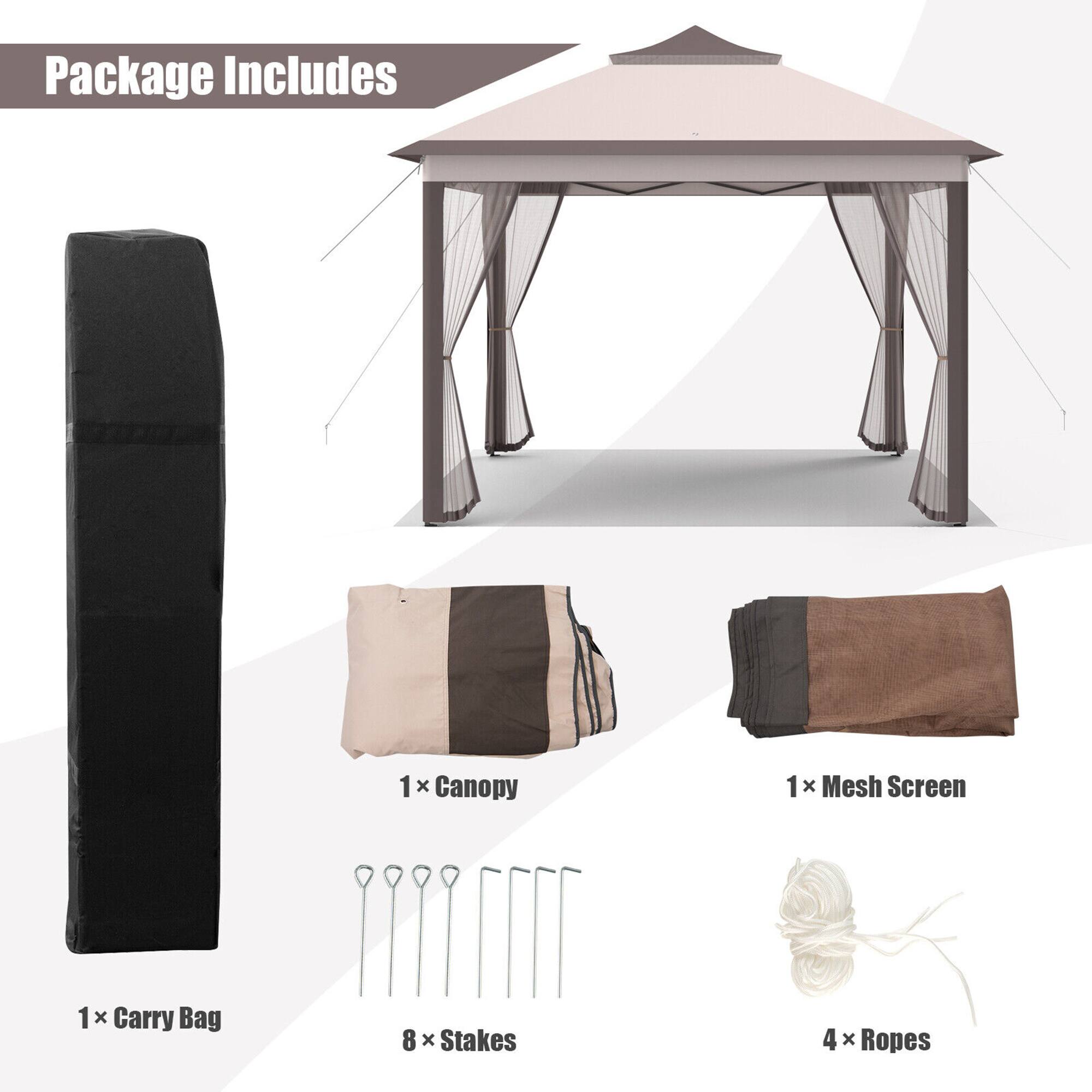 Package Includes

1 x Canopy  
1 x Mesh Screen  
1 x Carry Bag  
8 x Stakes  
4 x Ropes