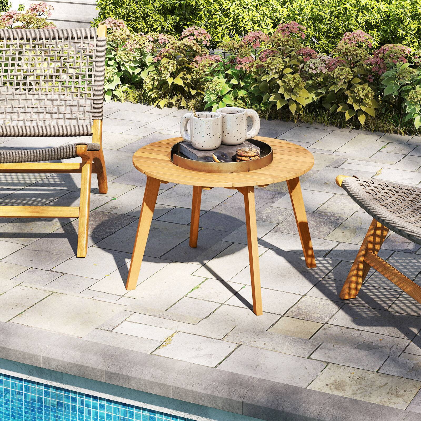 Alt View 4. Gymax - Gymax Outdoor Acacia Wood Side Table Patio 24.5'' Round End Table w/ Slatted Tabletop - Natural.