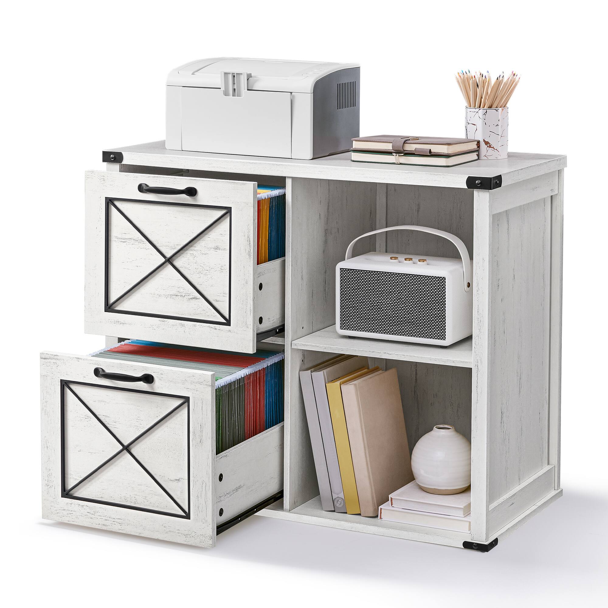 Front. Songmics Home - Lateral File Cabinet,2 Drawers, Printer Stand, 2 Open Compartments, Fit A4, Letter Size, Hanging File Folders - Rustic White.