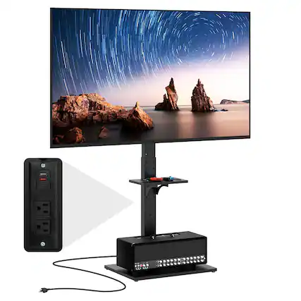 Front. Ecooso - Tilt and Height-Adjustable Floor TV Stand with Power Outlet and AV Shelf - Black.