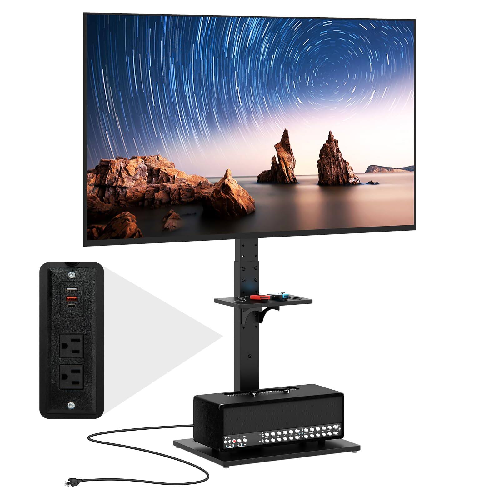 Front. Ecooso - Tilt and Height-Adjustable Floor TV Stand with Power Outlet and AV Shelf - Black.