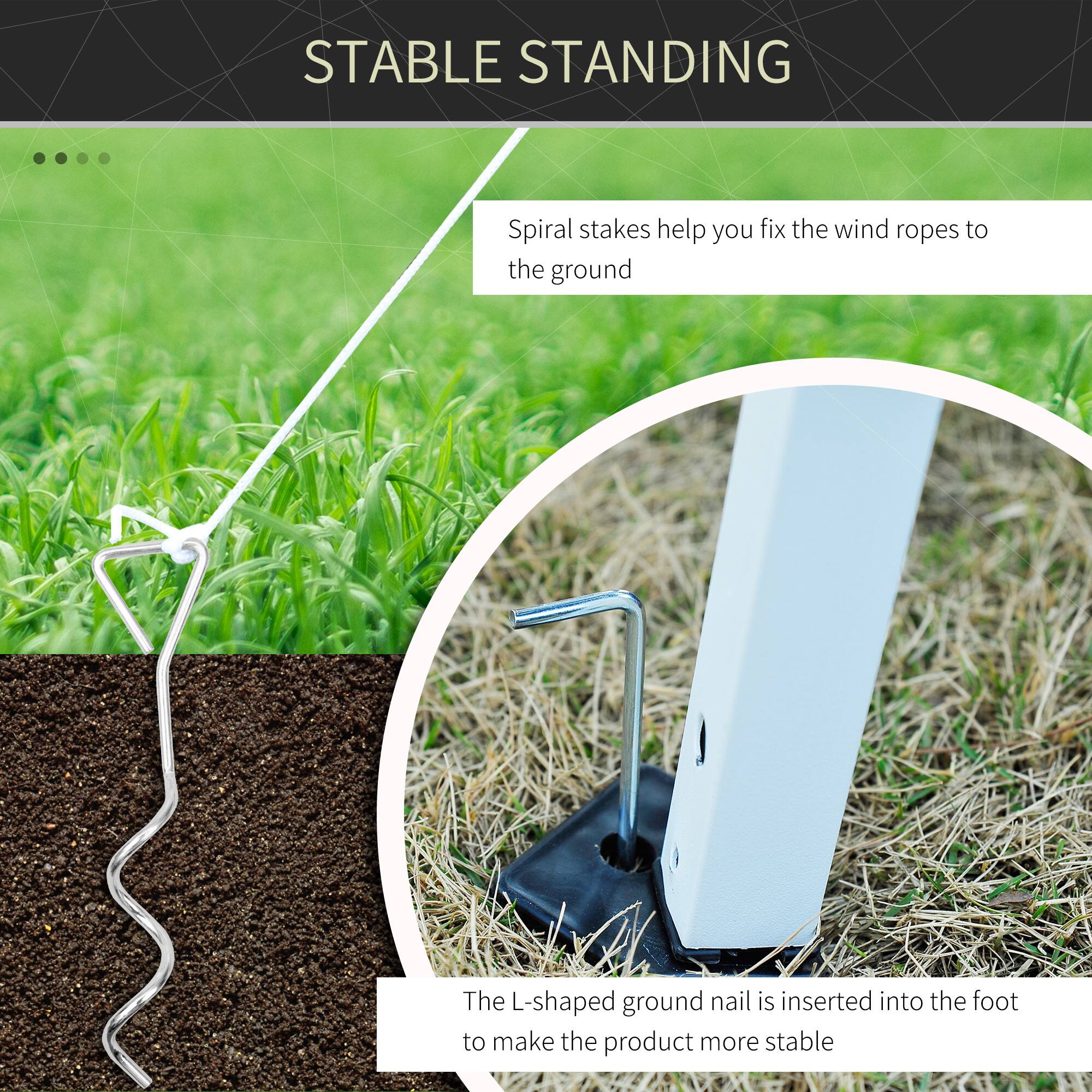 STABLE STANDING

Spiral stakes help you fix the wind ropes to the ground

The L-shaped ground nail is inserted into the foot to make the product more stable