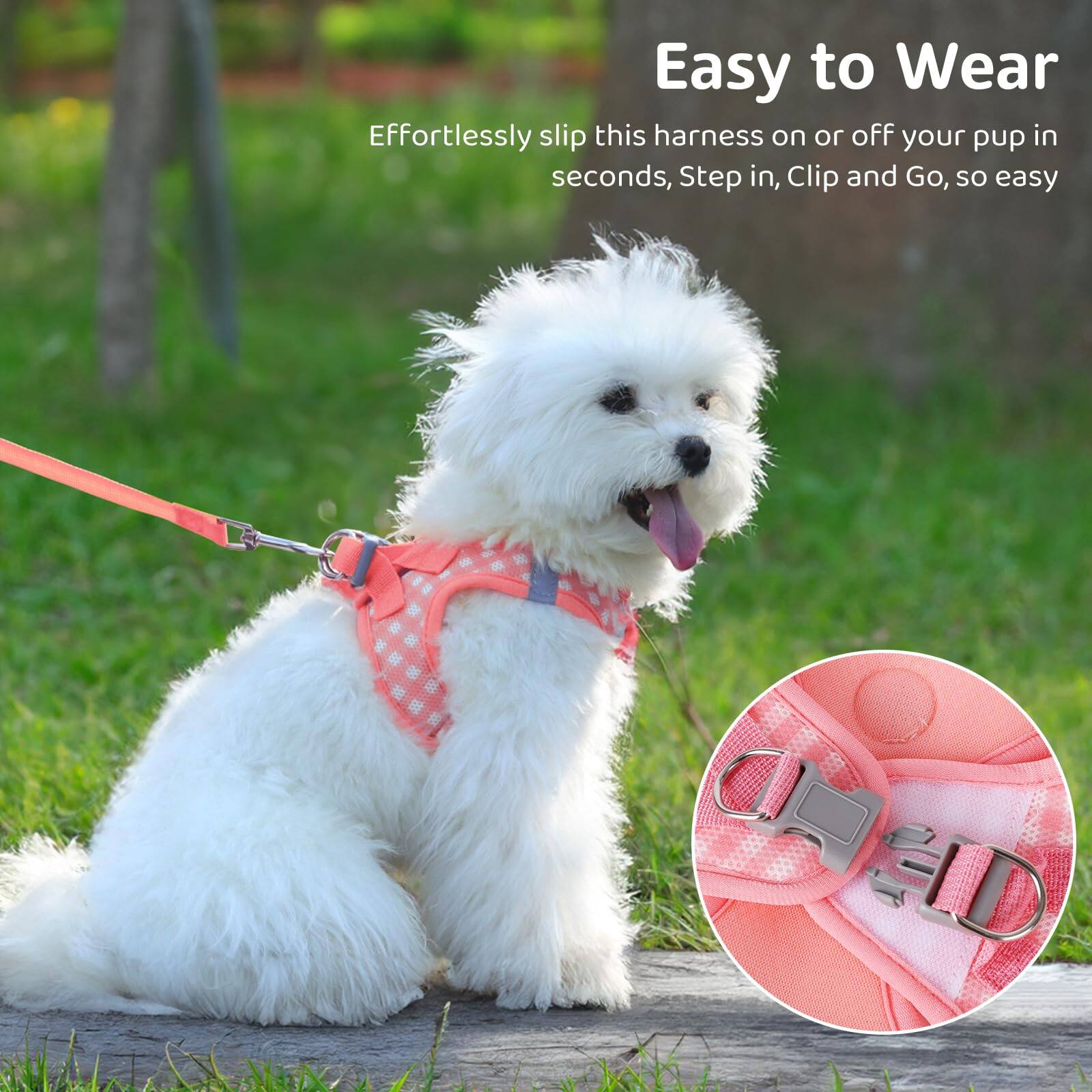 Easy to Wear  
Effortlessly slip this harness on or off your pup in seconds, Step in, Clip and Go, so easy