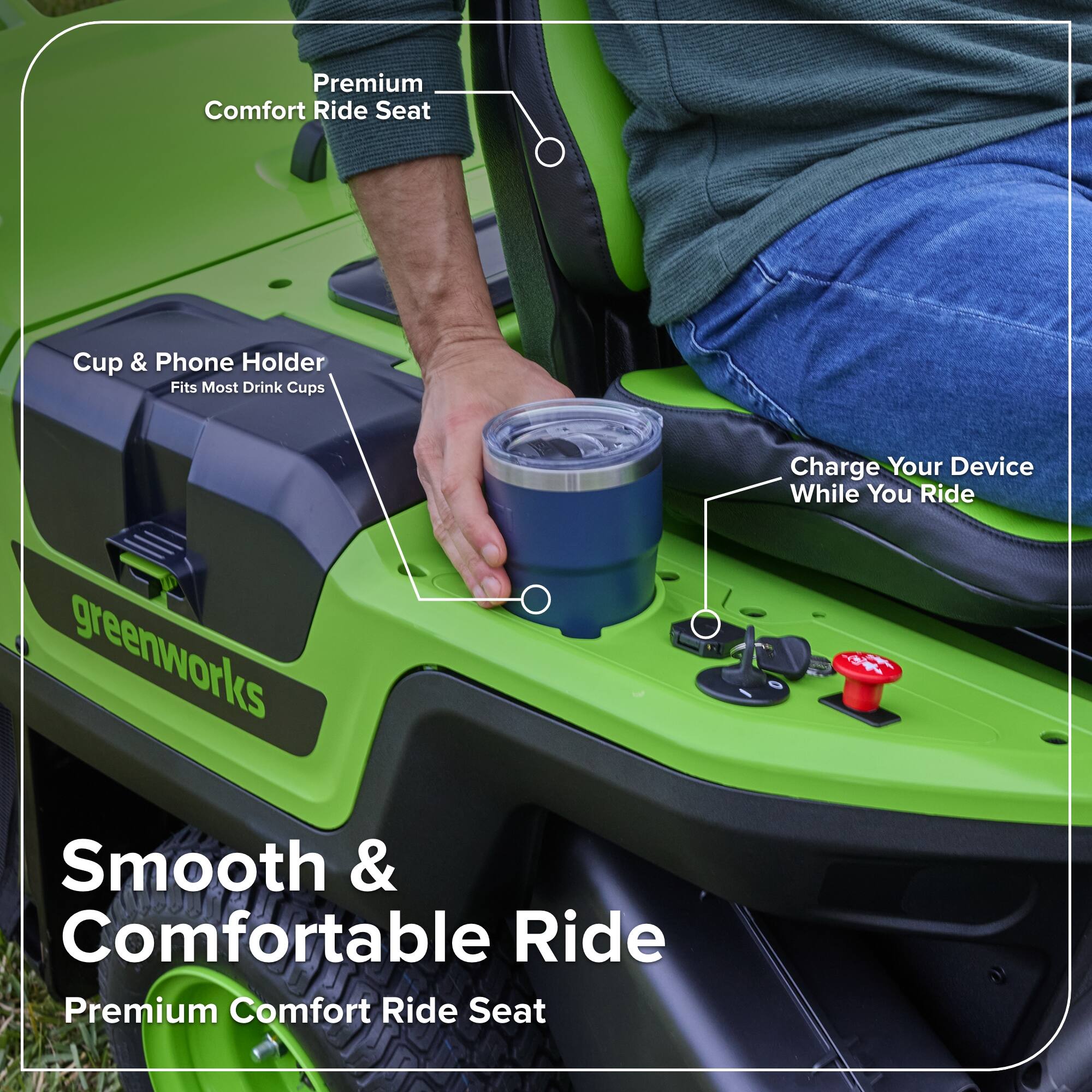 Premium Comfort Ride Seat

Cup & Phone Holder
Fits Most Drink Cups

Charge Your Device While You Ride

Smooth & Comfortable Ride
Premium Comfort Ride Seat