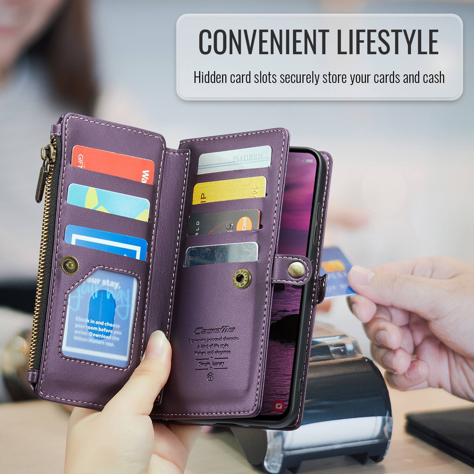 CONVENIENT LIFESTYLE  
Hidden card slots securely store your cards and cash  

GIFT  
Wa IP PLATINUM 20 TLD  

Card  
ORAL  

our stay,  
KO  

Check in and check out before you Download the CaseMa app  

4  
N  
e  
phogonge  
F  
$ D