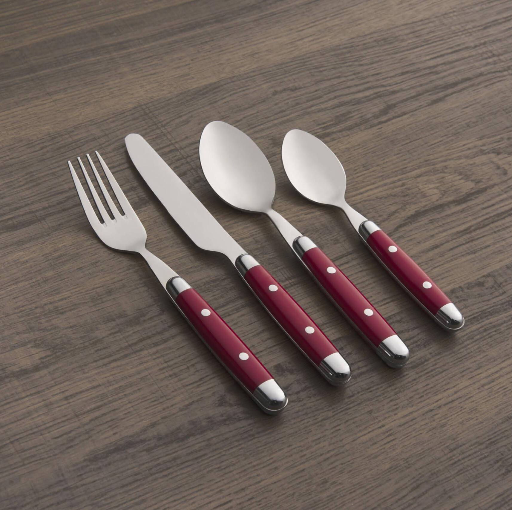 Alt View 1. Dazzed Corner - Silverware Set, 16-Piece Flatware Set, Service for 4, 18/0 Stainless Steel, Dishwasher Safe - Red.
