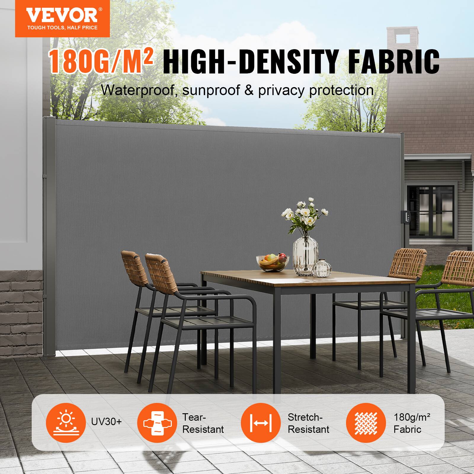 VEVOR TOUGH TOOLS, HALF PRICE 180G/M2 HIGH-DENSITY FABRIC Waterproof, sunproof & privacy protection UV30+ Tear-Resistant Stretch-Resistant 180g/m2 Fabric
