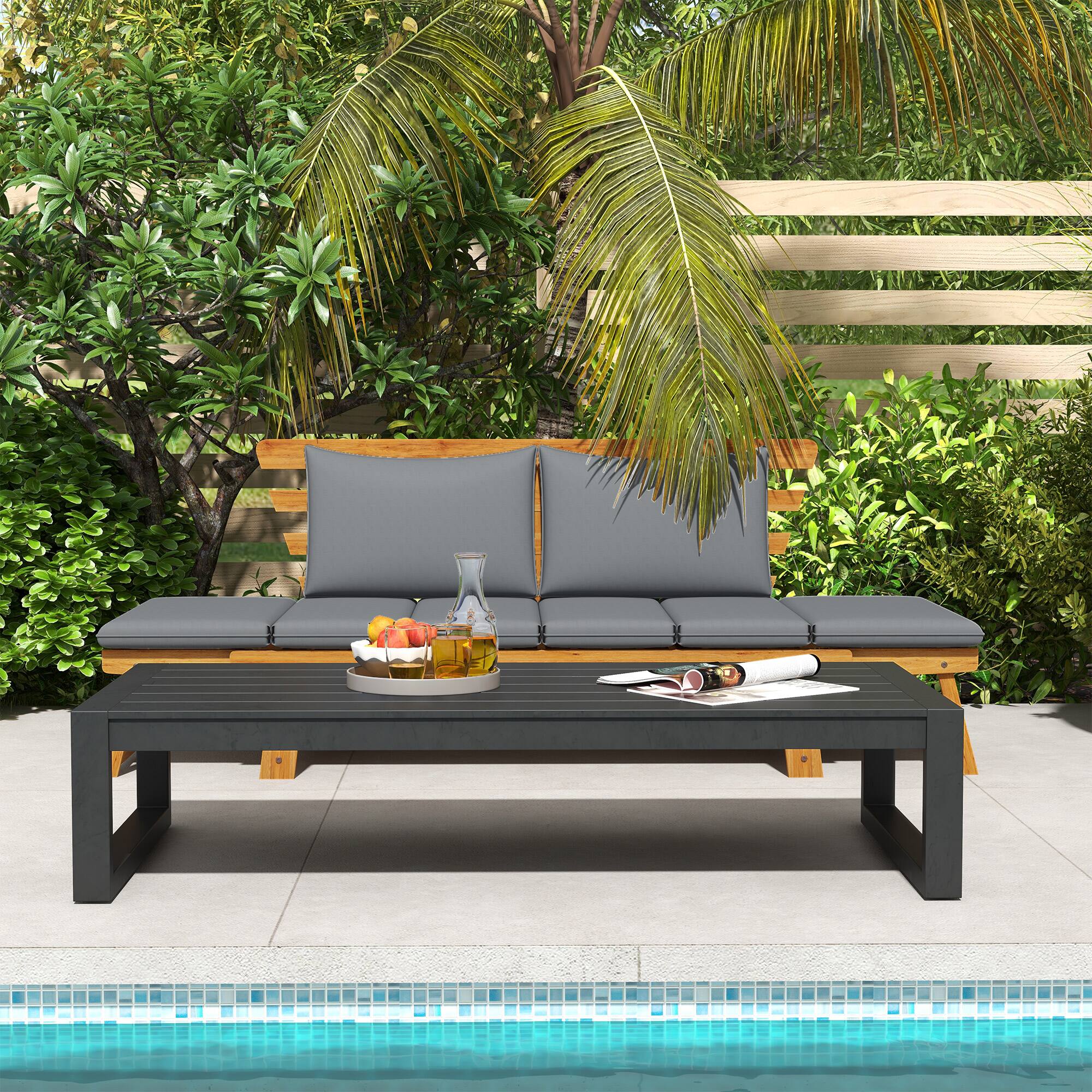 Alt View 4. Outsunny - Outsunny Convertible Outdoor Couch Sofa Bed with Adjustable Armrests, Pine Wood Patio Loveseat - Gray.