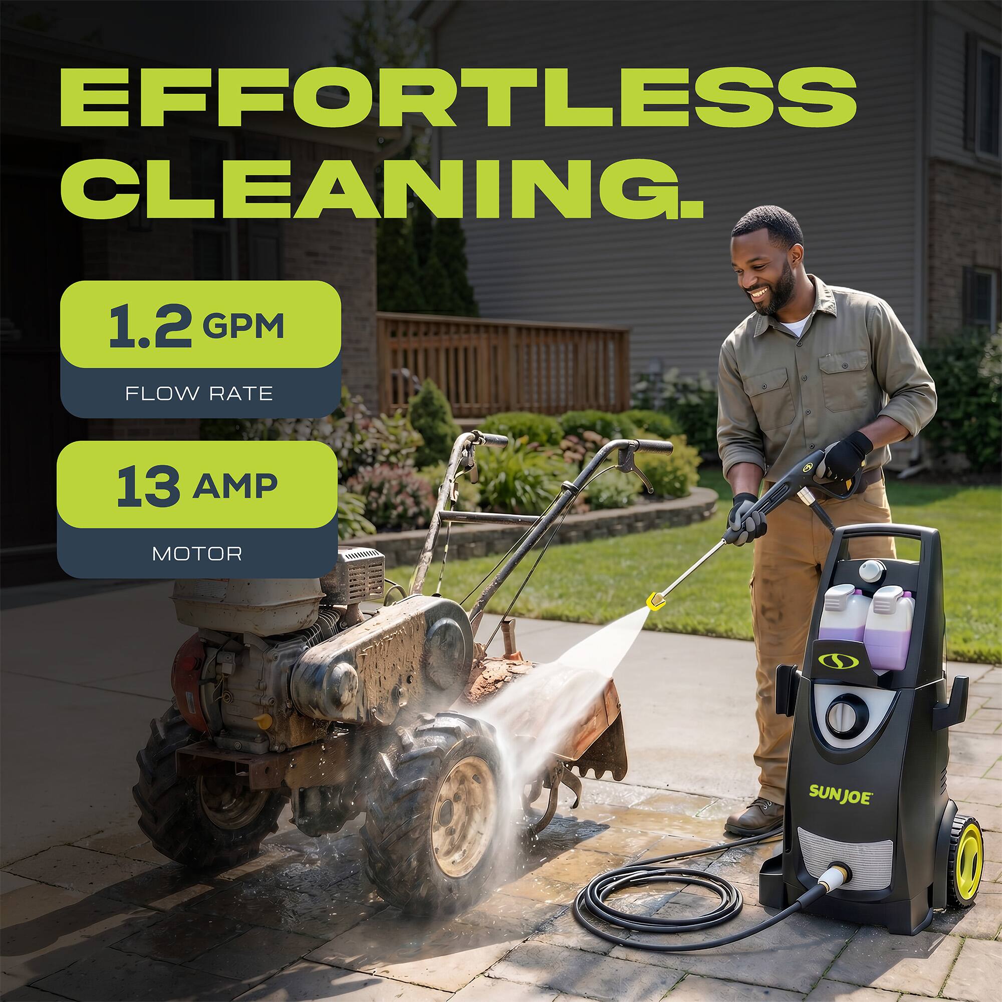 EFFORTLESS CLEANING.  
1.2 GPM FLOW RATE  
13 AMP MOTOR  
SUNJOE