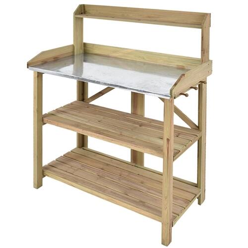Back. SlickBlue - Garden Potting Bench Workstation for Outdoors with Metal Table Top - Natural.