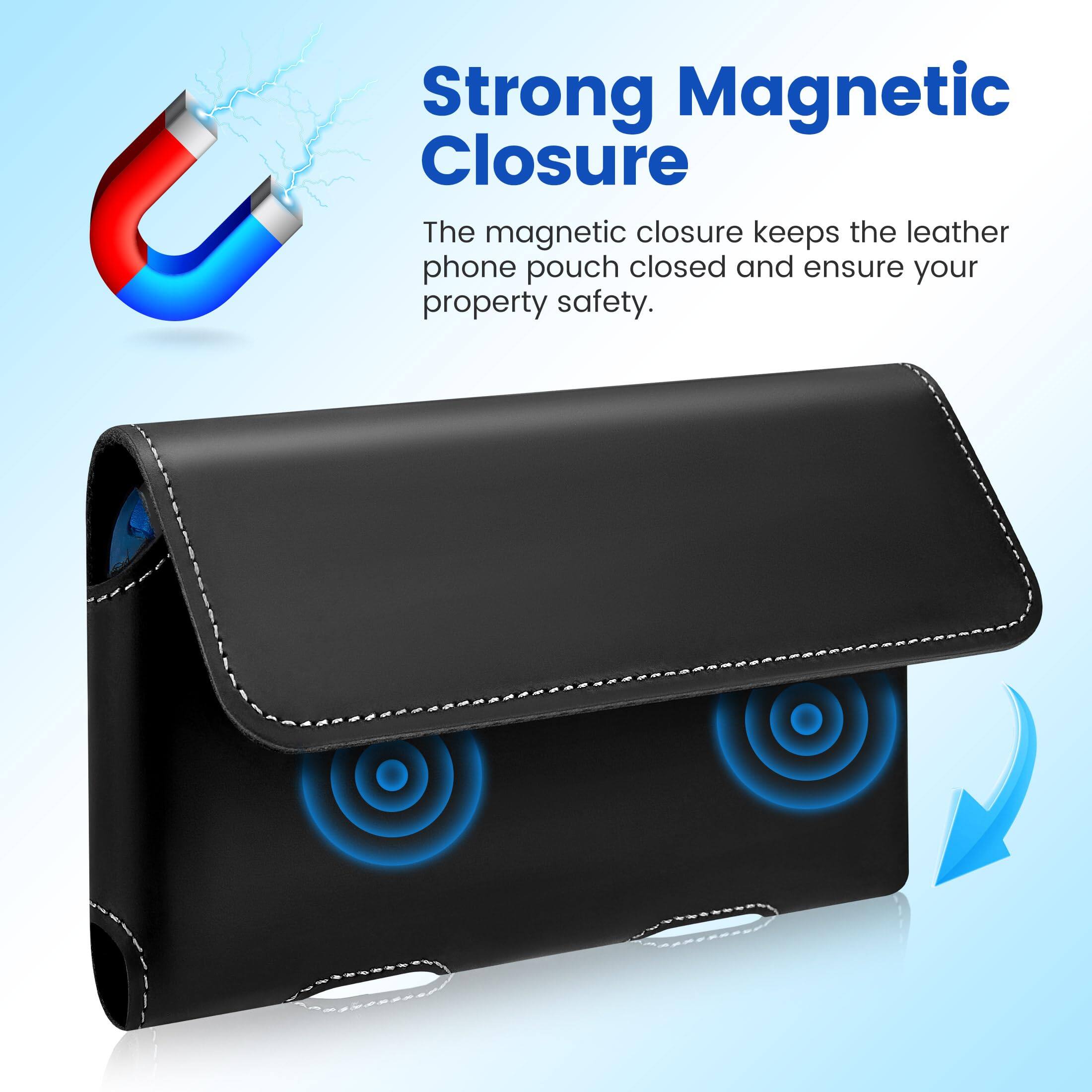 Strong Magnetic Closure

The magnetic closure keeps the leather phone pouch closed and ensures your property safety.