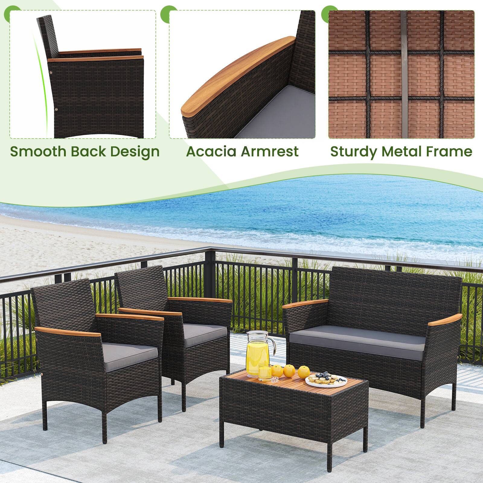 Smooth Back Design  
Acacia Armrest  
Sturdy Metal Frame