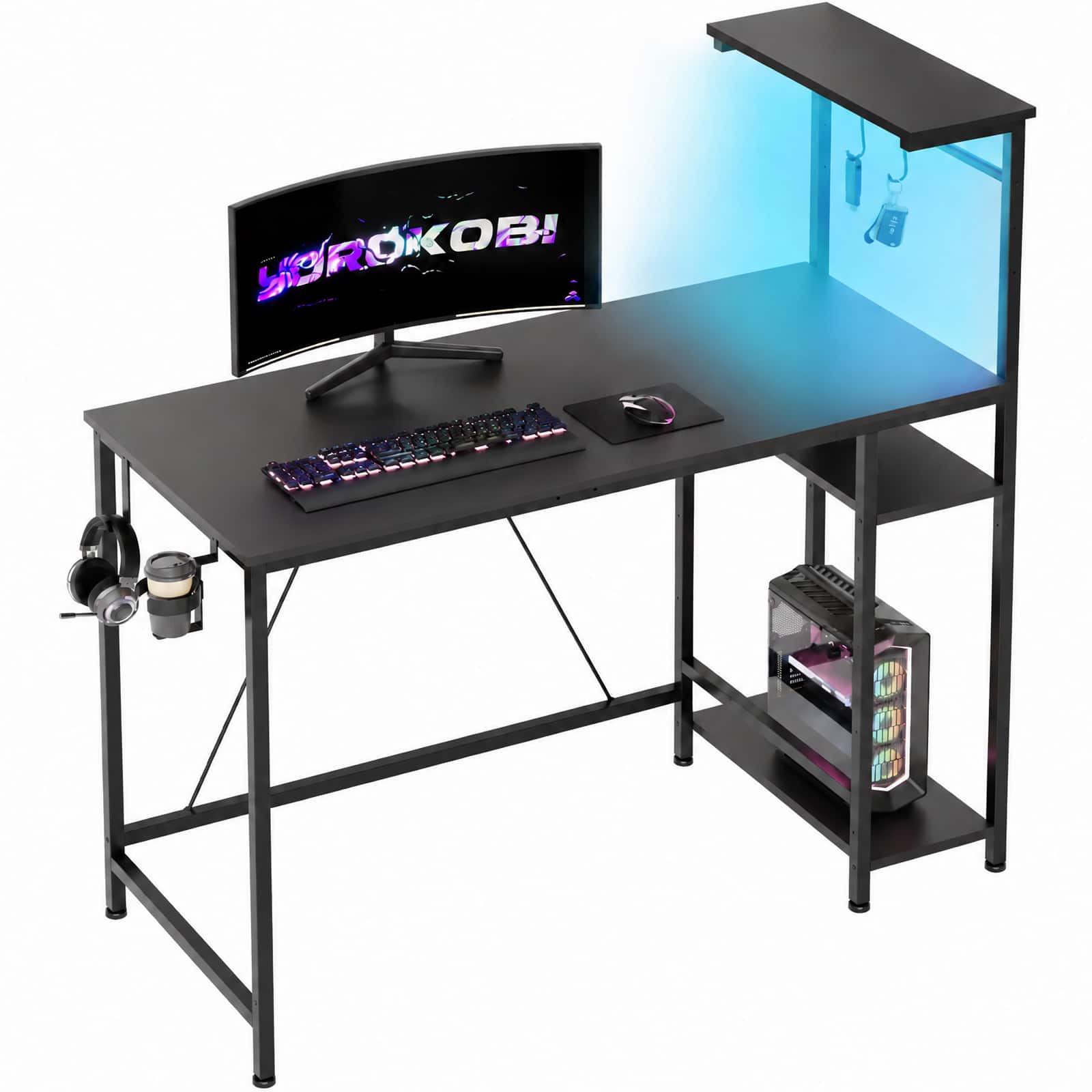 AWPLAY - RGB Gaming Desk Reversible Computer Desk 4-Tier Storage with LED Lighting,Hooks and Cup Holder - Black