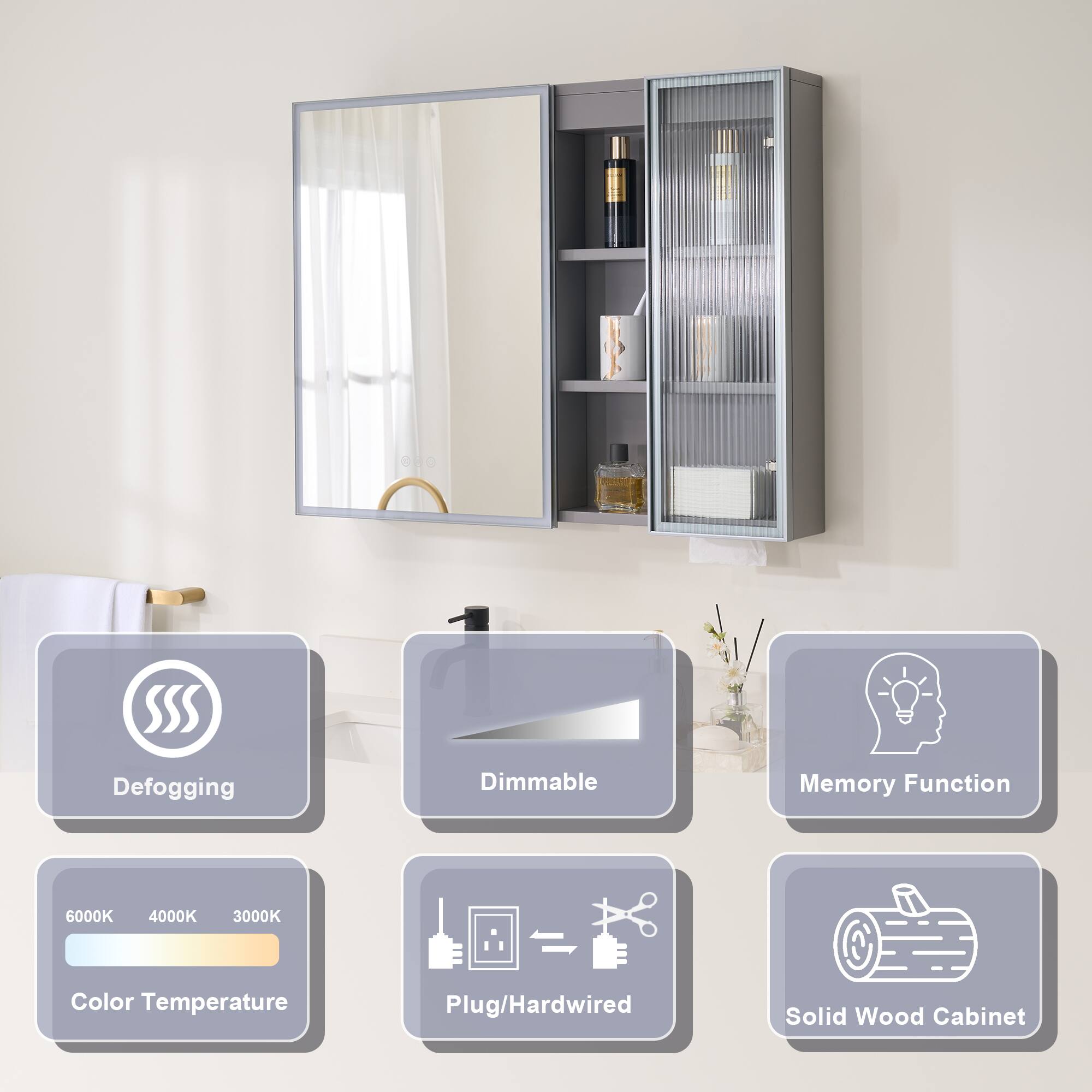 Defogging, Dimmable, Memory Function, 6000K, 4000K, 3000K Color Temperature, Plug/Hardwired, Solid Wood Cabinet
