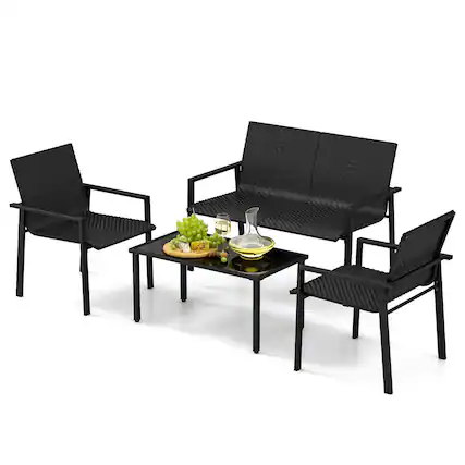 Front. Costway - 4 PCS Outdoor Wicker Patio Furniture Set w/ Heavy-Duty Galvanized Metal Frame - Black.