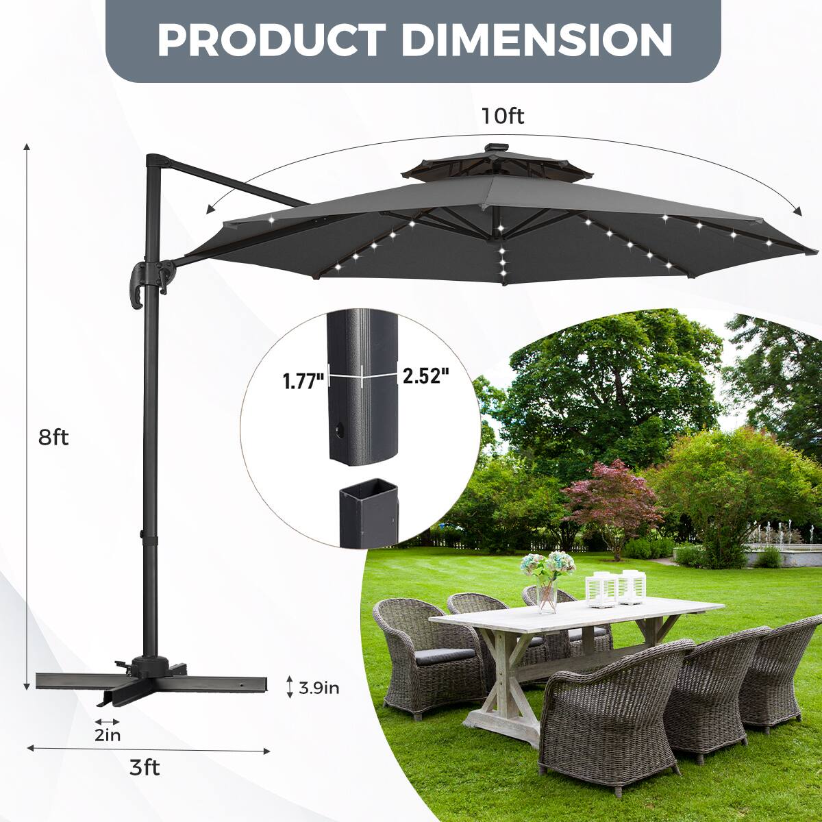 PRODUCT DIMENSION

10ft  
1.77"  
2.52"  
8ft  
3.9in  
2in  
3ft