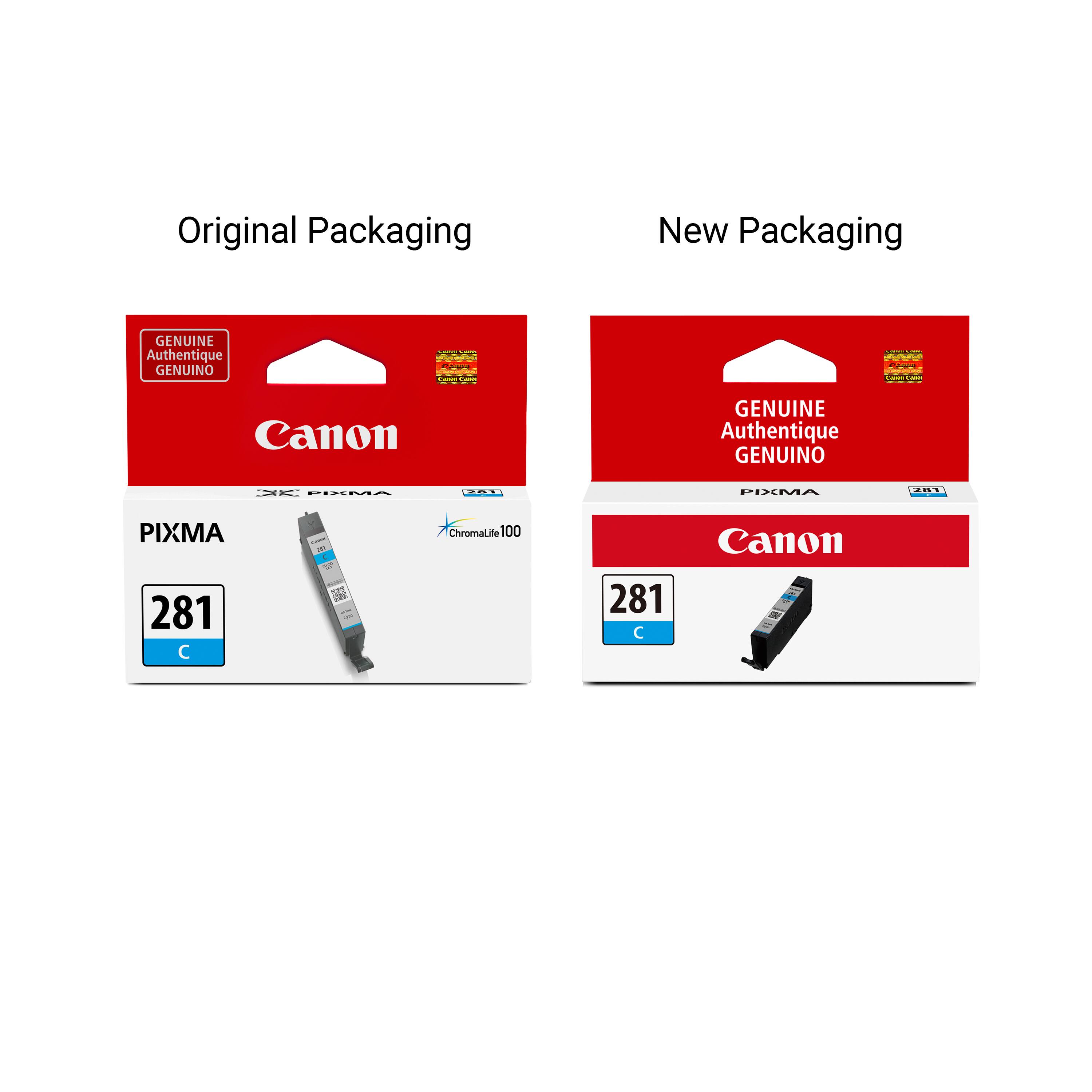 Original Packaging  
New Packaging  
GENUINE Authentique GENUINO  
Canon  
PIXMA  
281 C  
ChromaLife 100