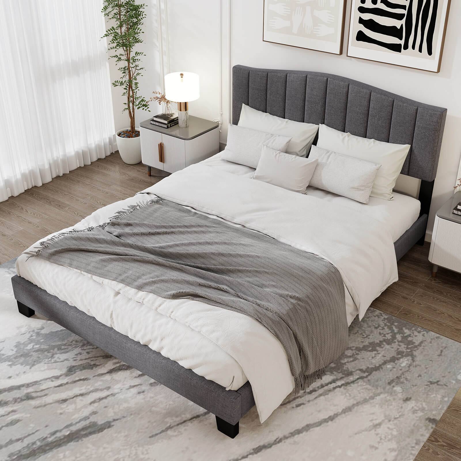 Alt View 4. Costway - Costway Modern Upholstered Bed Frame Queen Size Platform Bed with Wooden Slat Support - Gray.