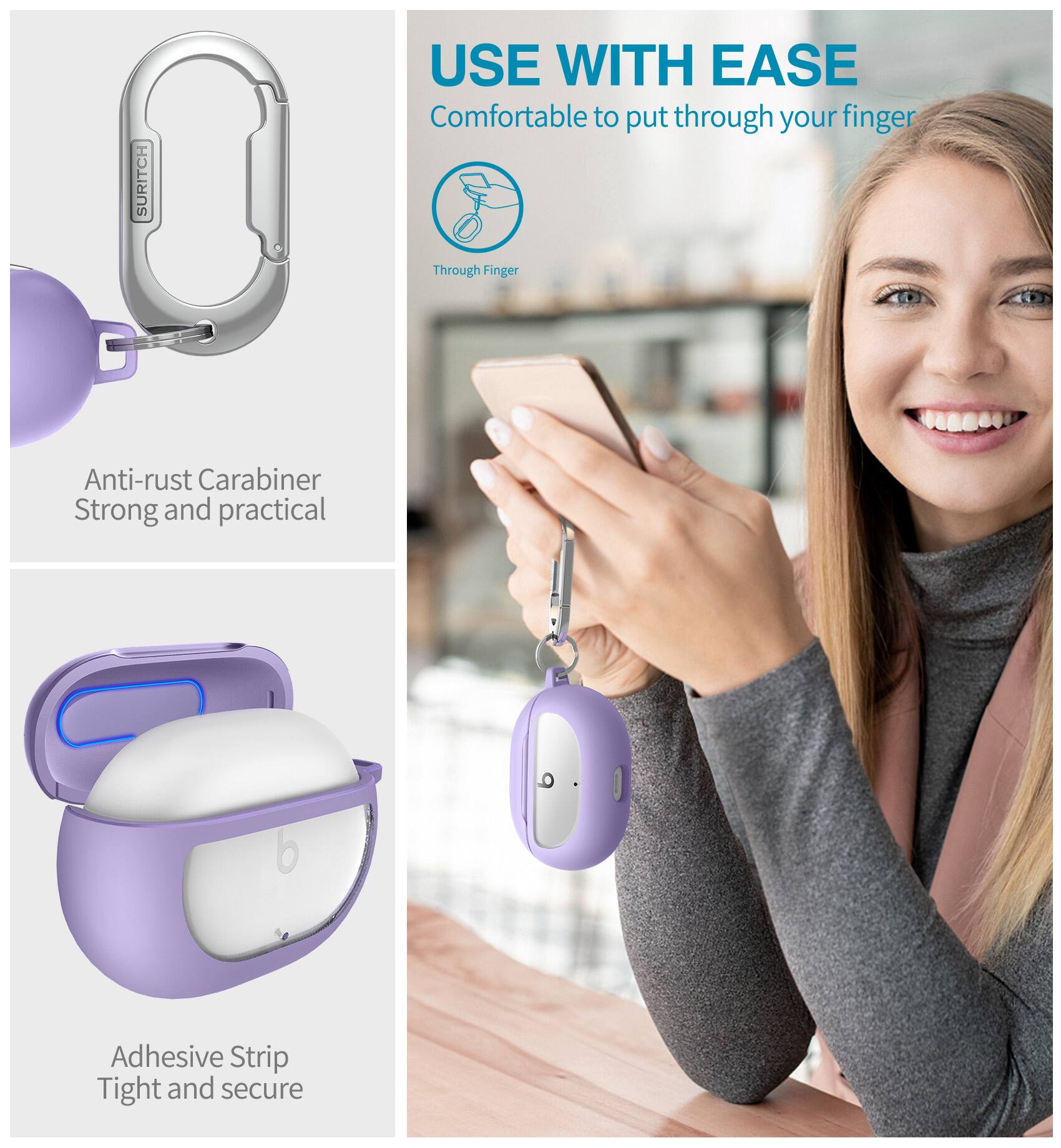 SURITCH USE WITH EASE  
Comfortable to put through your finger  
Through Finger  
Anti-rust Carabiner  
Strong and practical  
Adhesive Strip  
Tight and secure