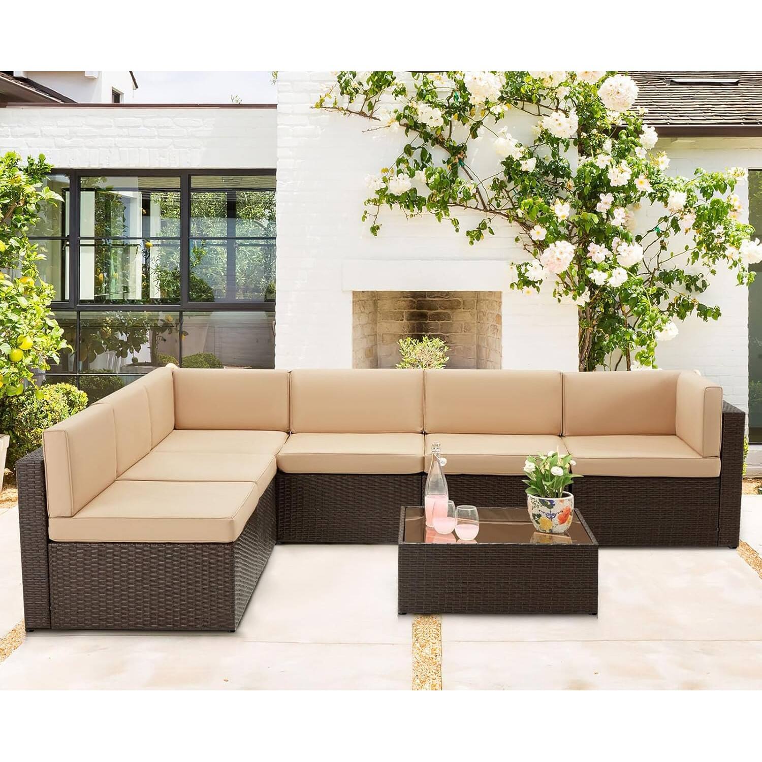 Left. Mondawe - 7-Piece Rattan Sofa Set with Polyester Cushions - Brown+Beige.