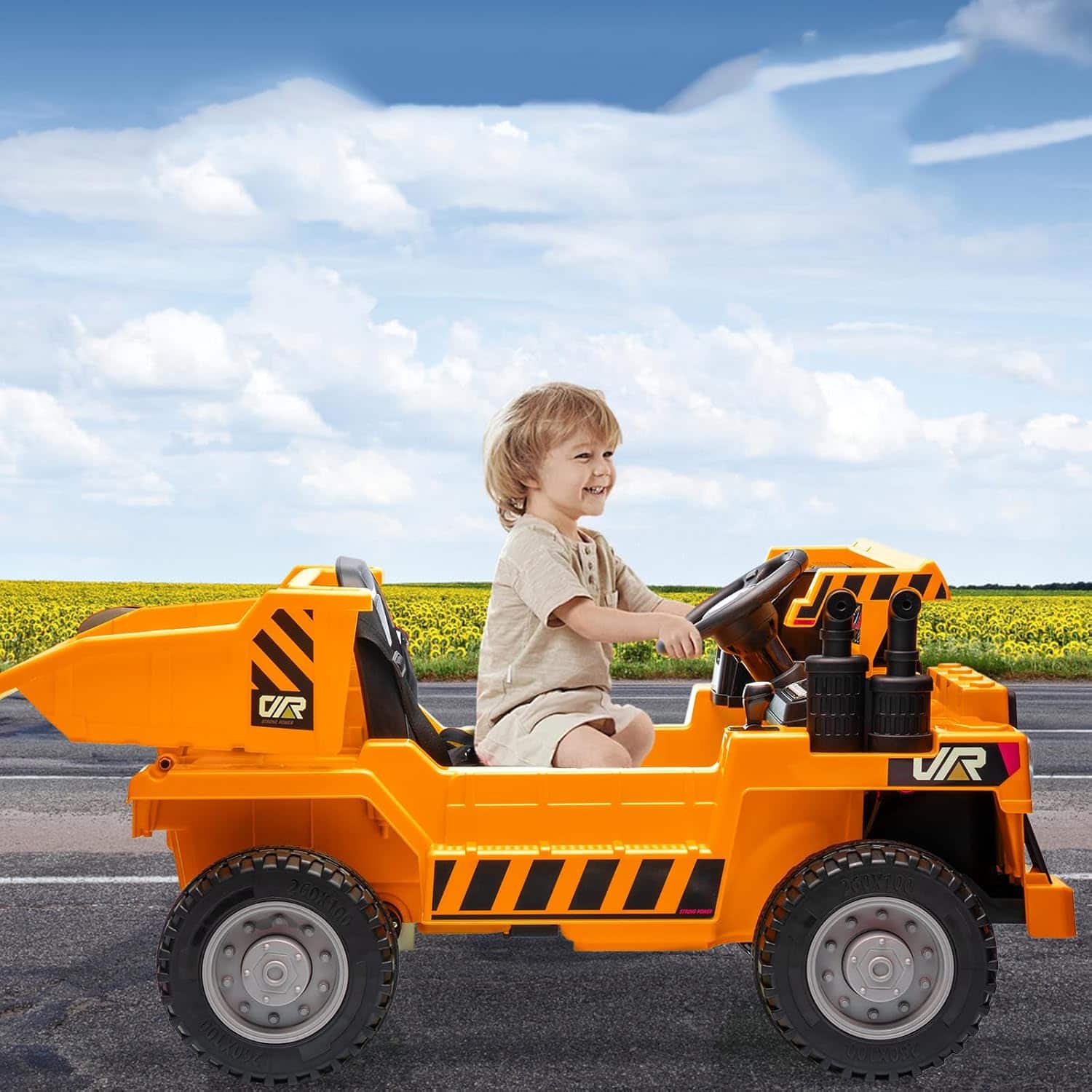 Homhougo - 12V Kids Ride-On Dump Truck, Remote Control, 4WD Construction Toy, 2 Speeds, Bluetooth Music