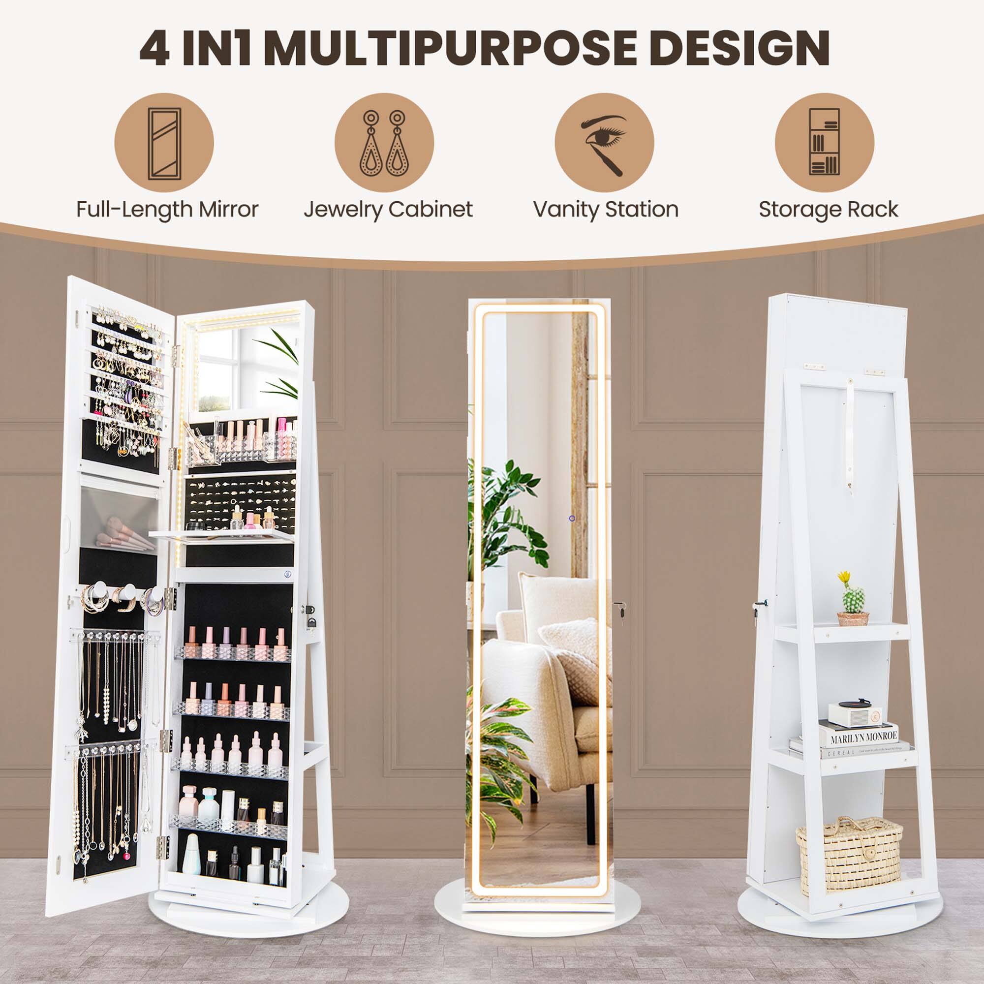 4 IN 1 MULTIPURPOSE DESIGN: Full-Length Mirror, Jewelry Cabinet, Vanity Station, Storage Rack.