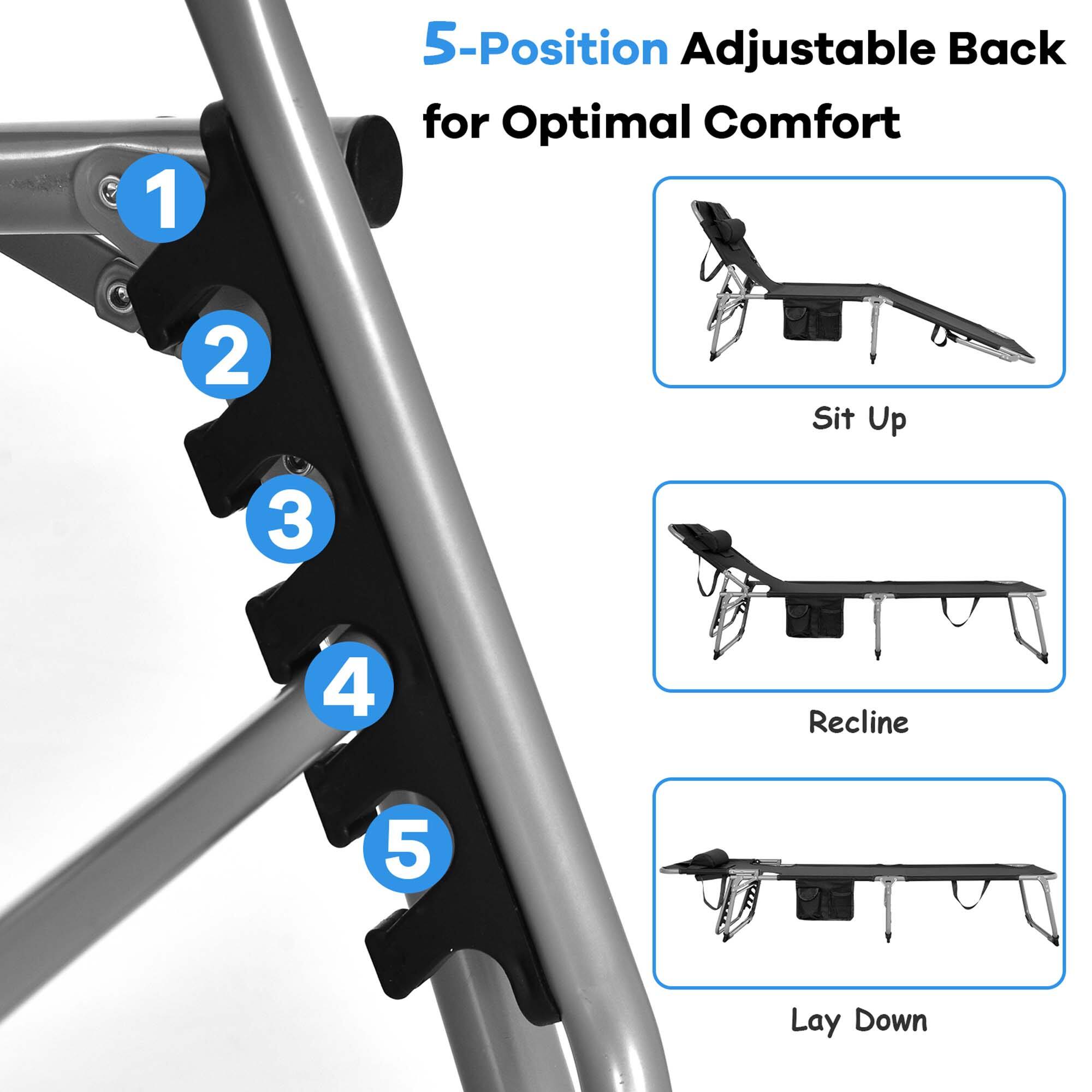 1. 5-Position Adjustable Back for Optimal Comfort  
2. Sit Up  
3. Recline  
4. Lay Down