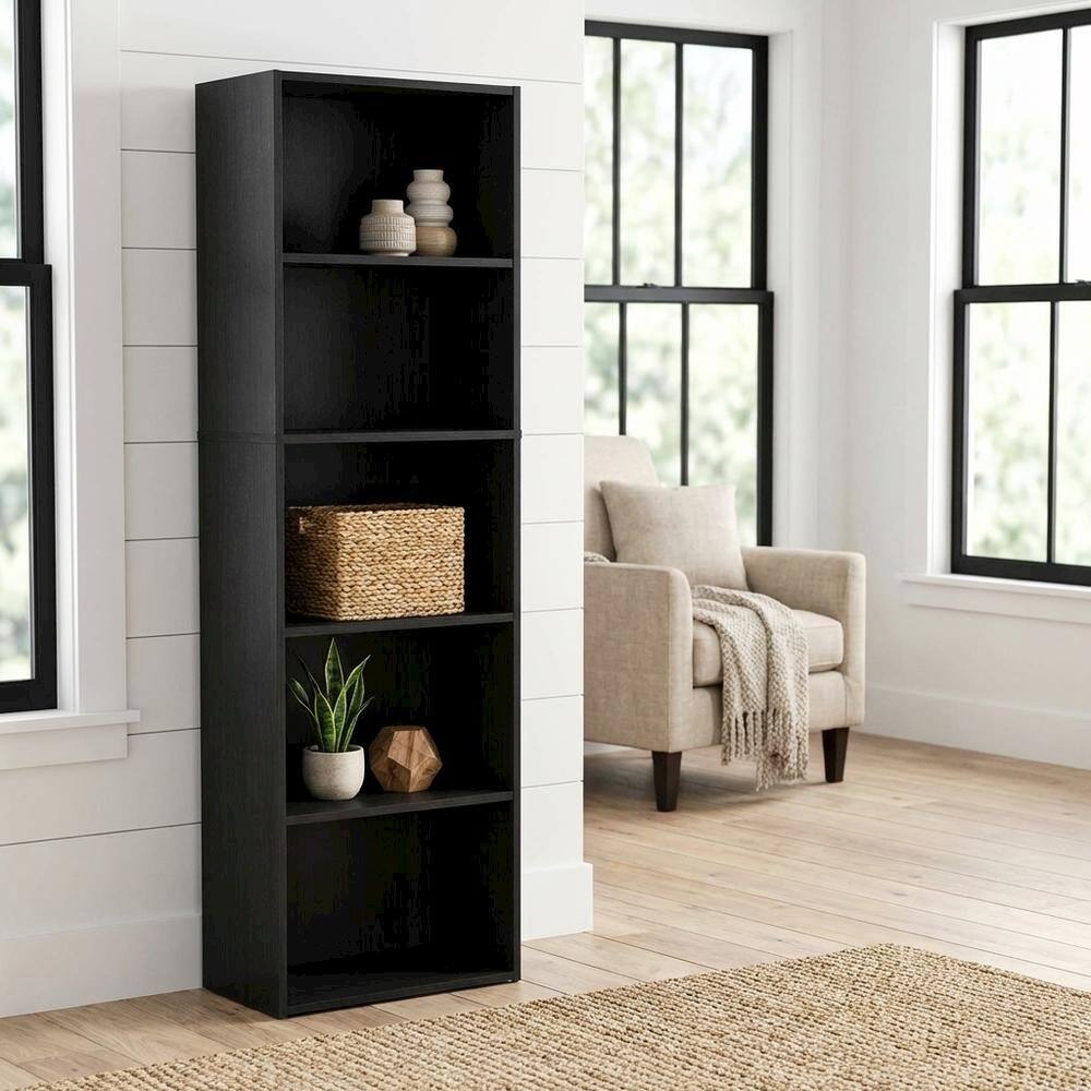 Angle. FurniFact - Wood Bookcase with Open Shelving for Living Room or Office Storage - Blackwood.