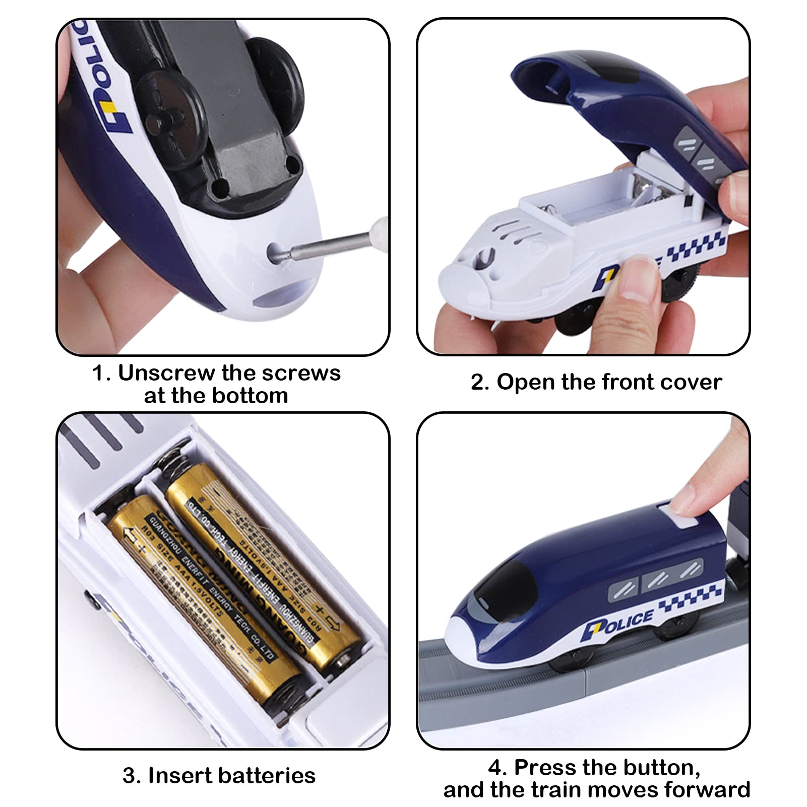 1. Unscrew the screws at the bottom  
2. Open the front cover  
3. Insert batteries  
4. Press the button, and the train moves forward