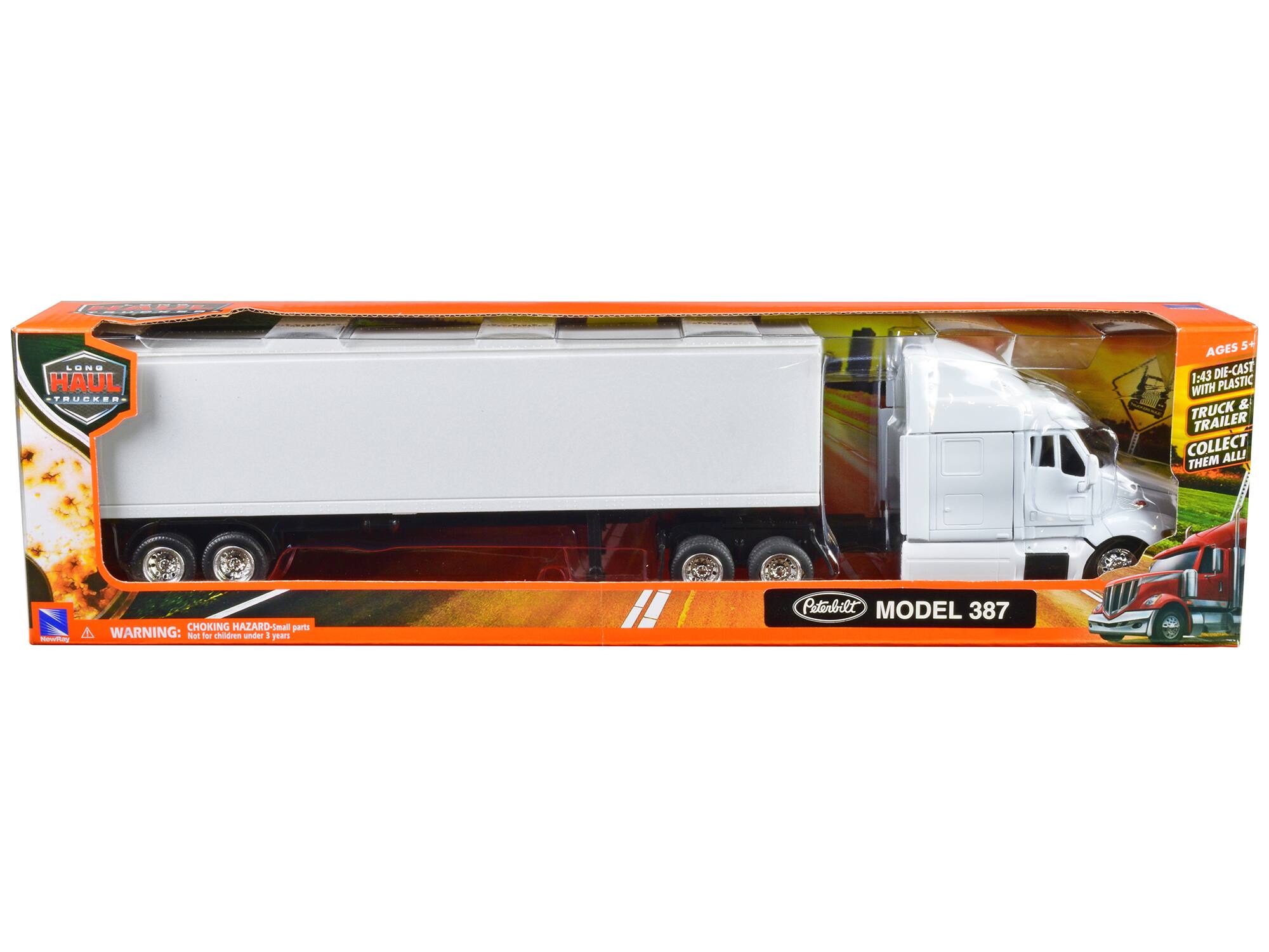 Sure, here is the corrected text:

---

**LONG HAUL TRUCKER**

**AGES 5+**

**1:43 DIE-CAST WITH PLASTIC TRUCK & TRAILER**

**COLLECT THEM ALL**

**MODEL 387**

**WARNING: CHOKING HAZARD - Small parts. Not for children under 3 years.**

---

This text is grouped and corrected from the image provided.