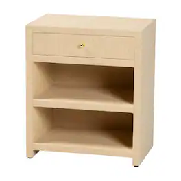 bali & pari - William Grasscloth 1-Drawer Nightstand with Open Shelves - Woven Texture Bedside Table with Gold Knob, Accent Table - Light Brown/Gold