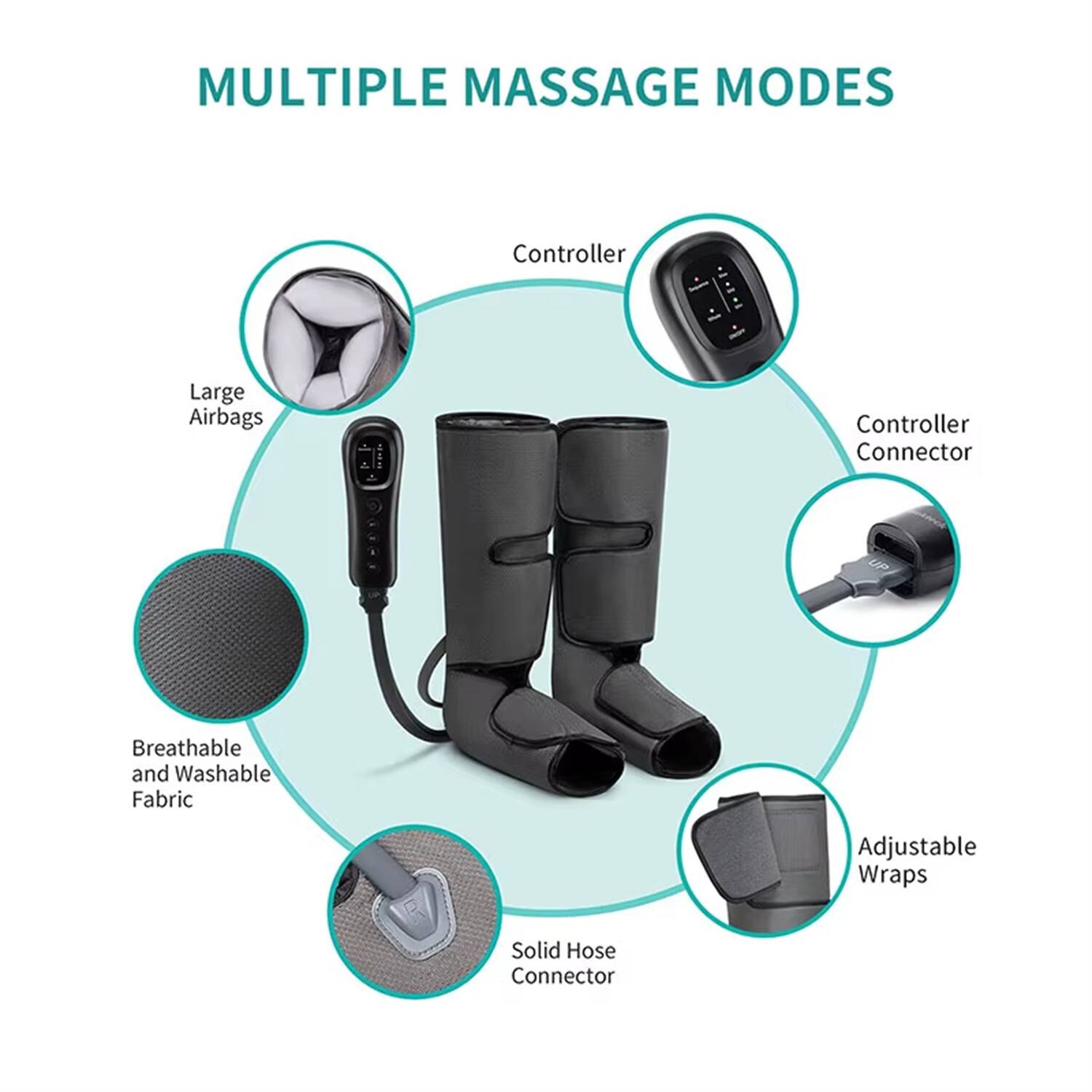 MULTIPLE MASSAGE MODES

- Large Airbags
- Breathable and Washable Fabric
- Adjustable Wraps
- Solid Hose Connector
- Controller
- Controller Connector
