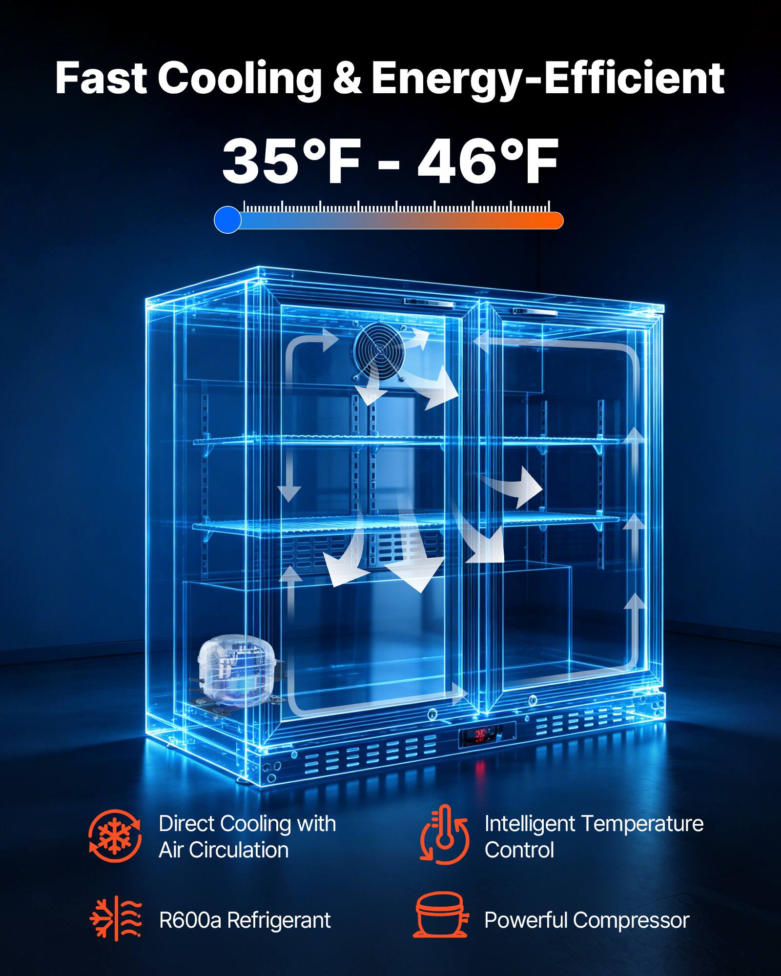 Fast Cooling & Energy-Efficient  
35°F - 46°F  

- Direct Cooling with Air Circulation  
- Intelligent Temperature Control  
- R600a Refrigerant  
- Powerful Compressor