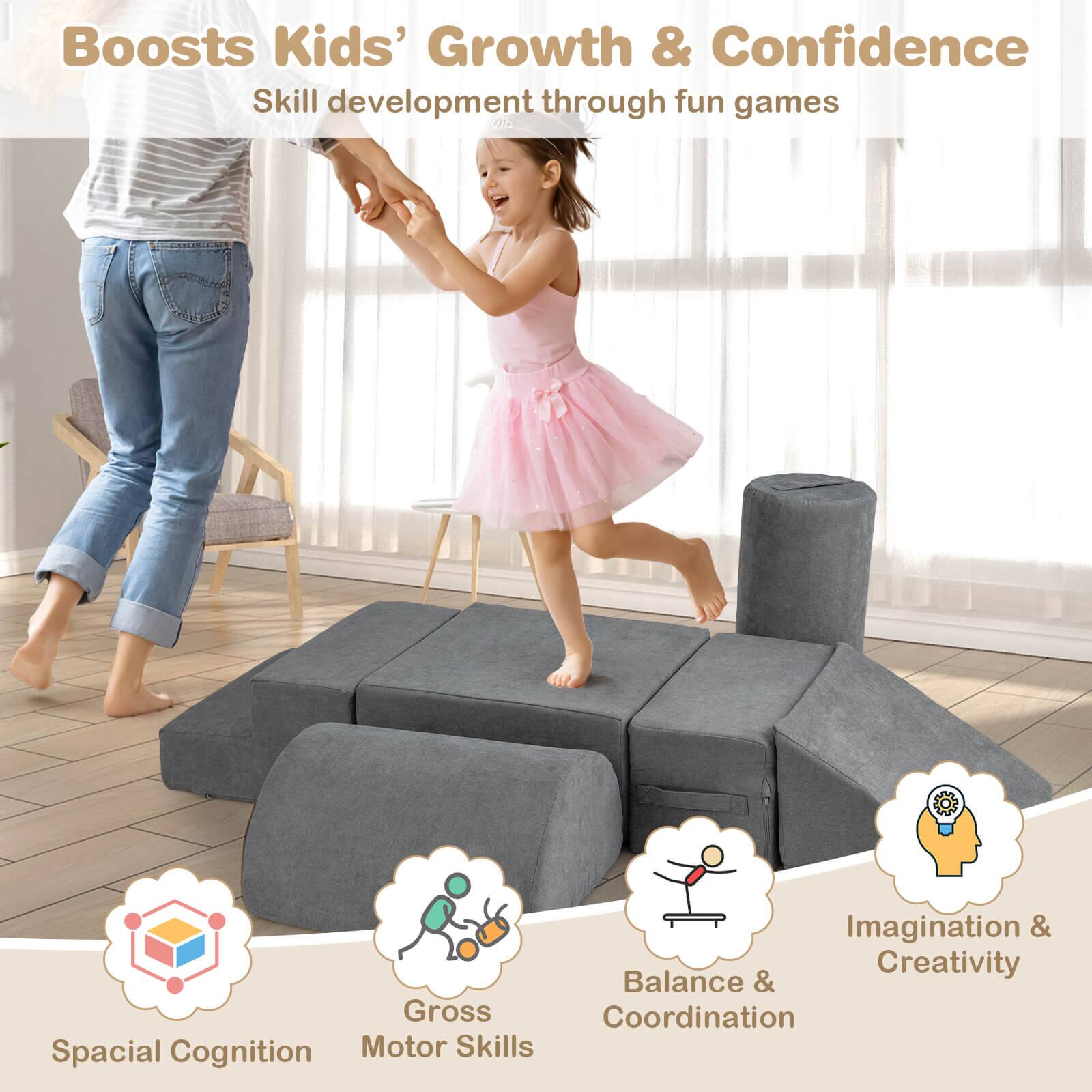 Boosts Kids' Growth & Confidence  
Skill development through fun games  

- Spacial Cognition  
- Gross Motor Skills  
- Balance & Coordination  
- Imagination & Creativity
