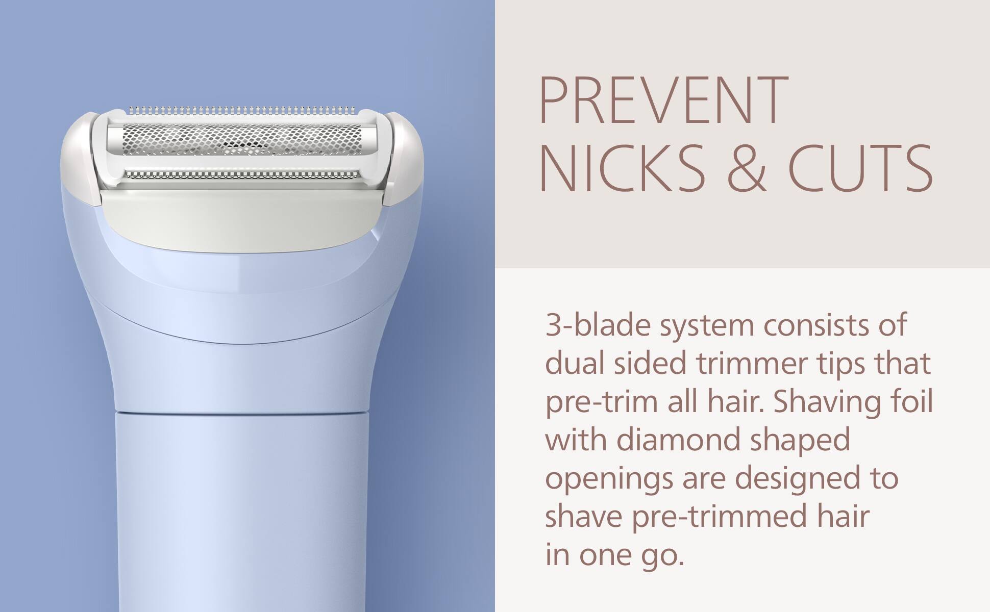PREVENT NICKS & CUTS

3-blade system consists of dual-sided trimmer tips that pre-trim all hair. Shaving foil with diamond-shaped openings are designed to shave pre-trimmed hair in one go.