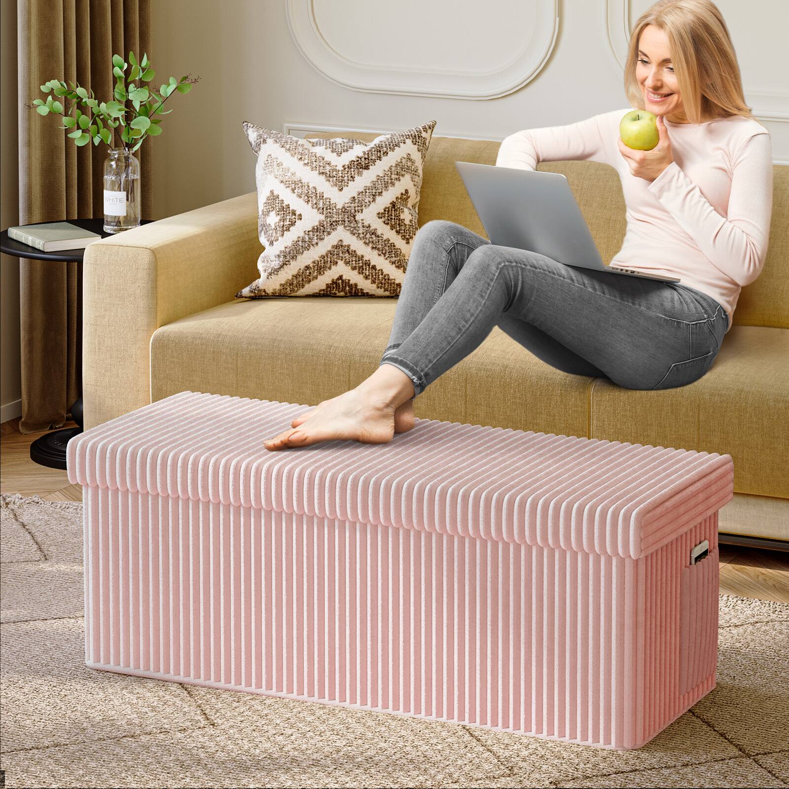 Left. Pinmoco - Pinmoco- Corduroy Ottoman Plush Foldable Bench with Free Cozy Blanket - Pink.