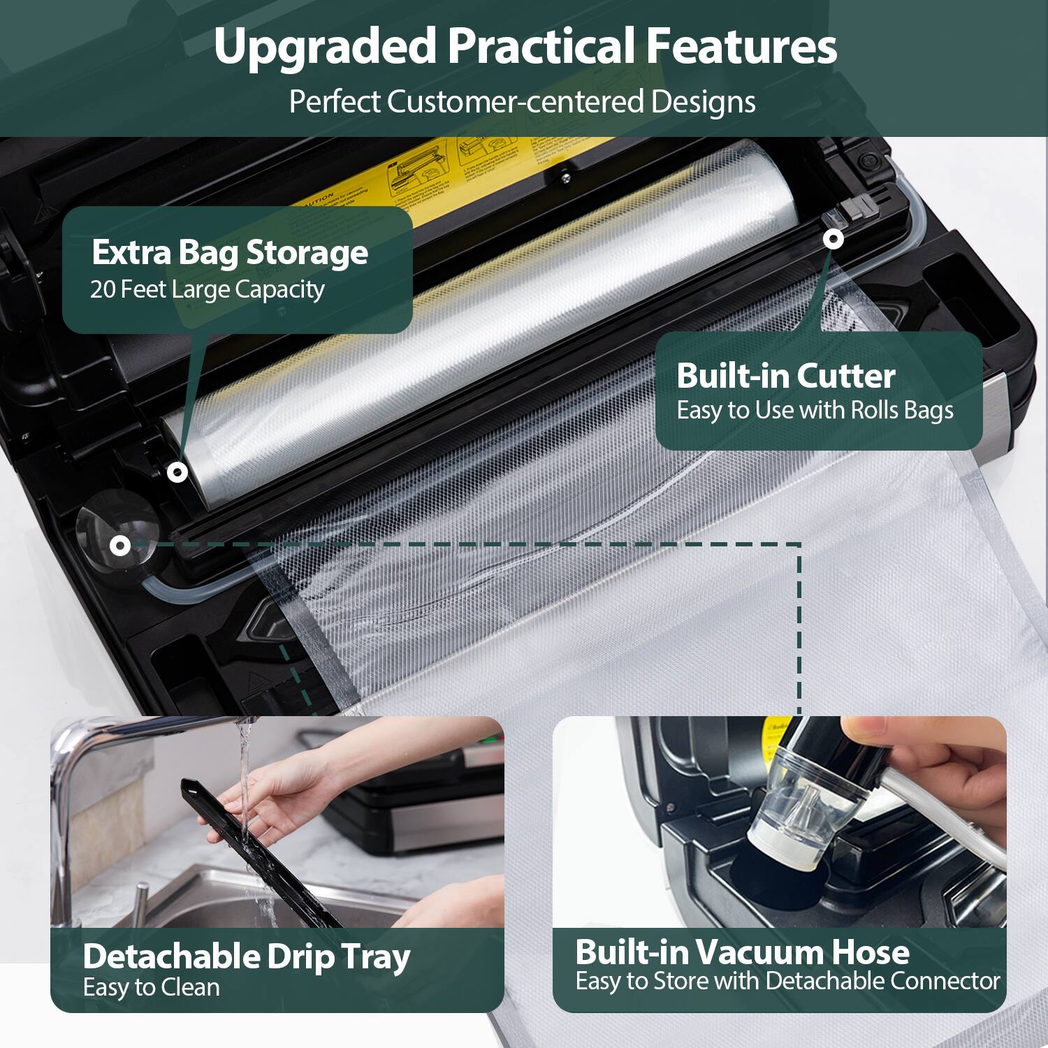 Upgraded Practical Features  
Perfect Customer-centered Designs

- Extra Bag Storage  
  20 Feet Large Capacity

- Built-in Cutter  
  Easy to Use with Rolls Bags

- Detachable Drip Tray  
  Easy to Clean

- Built-in Vacuum Hose  
  Easy to Store with Detachable Connector